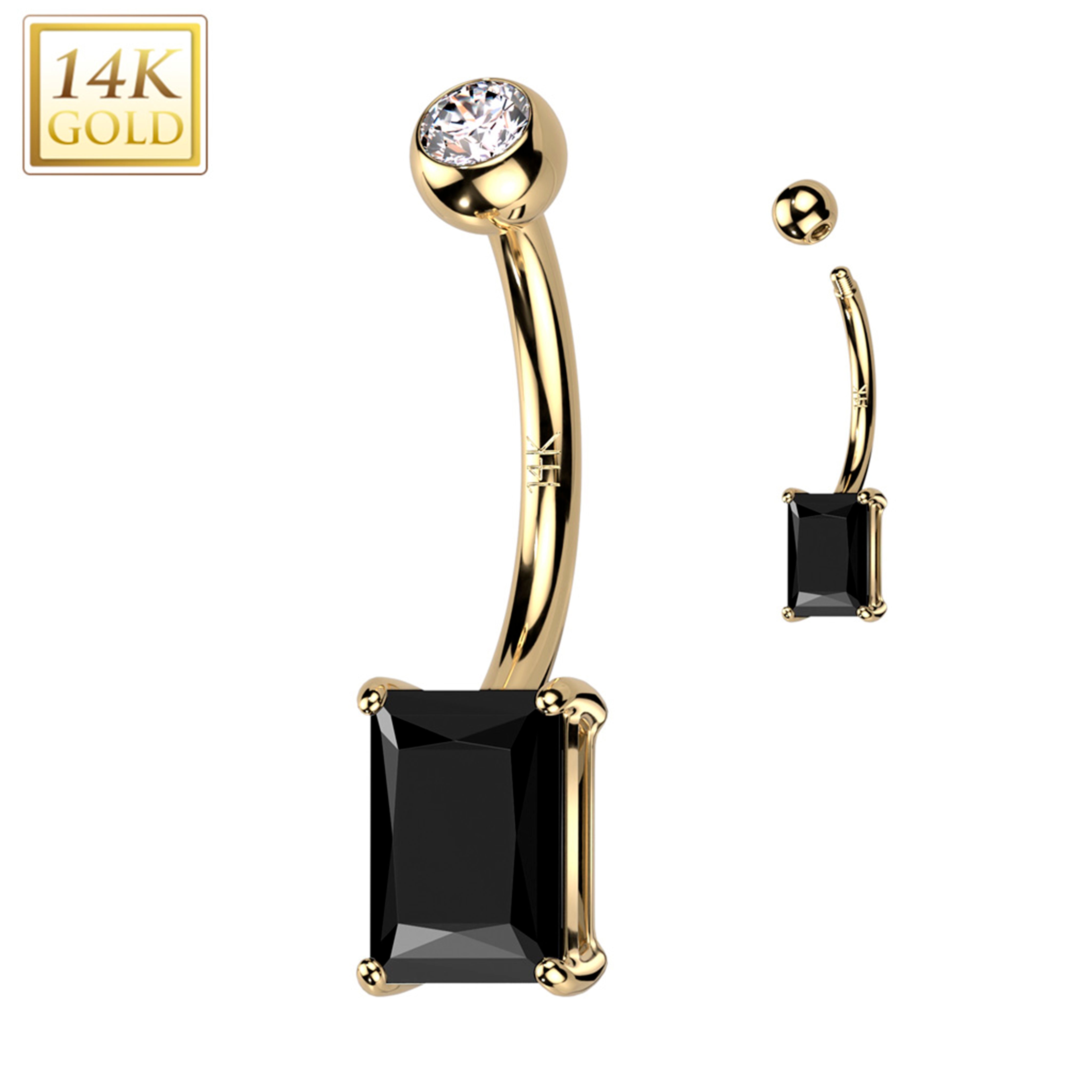 14k Soid Yellow Gold 6mm Black Princess Cubic Zirconia Belly Ring