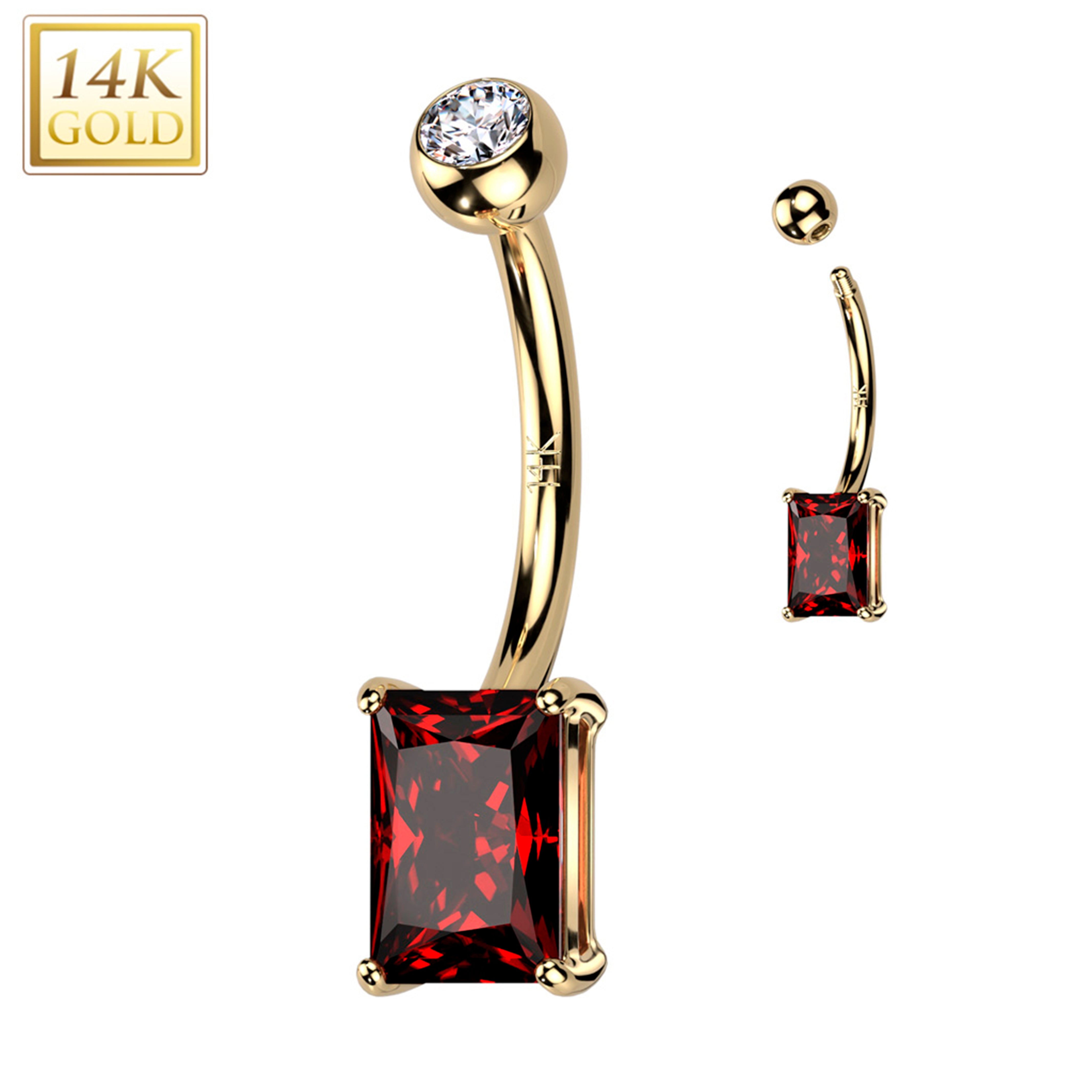14k Yellow Gold 6mm Red Princess Cubic Zirconia Belly Ring