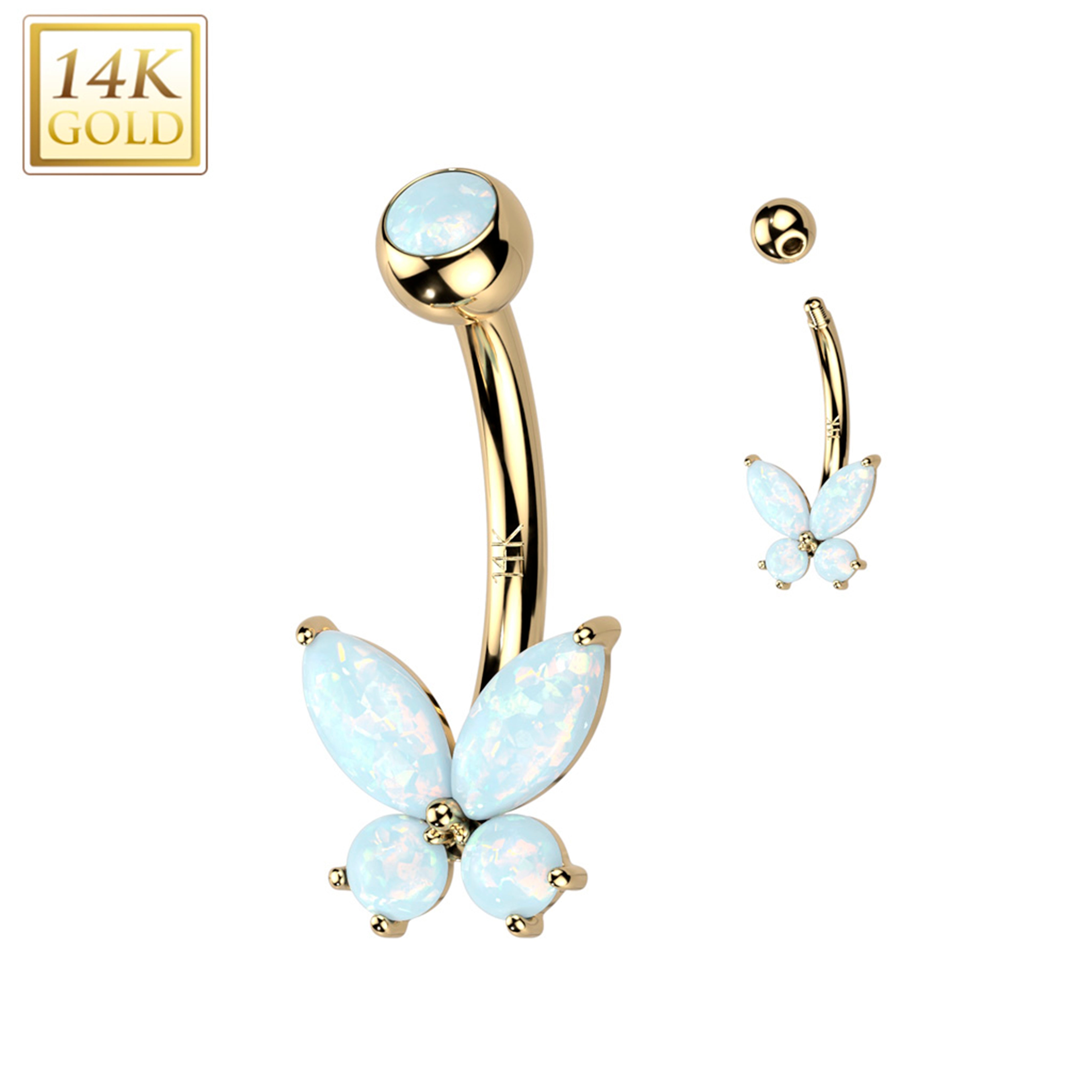 14k Solid Yellow Gold Synthetic Opal Butterfly Belly Ring