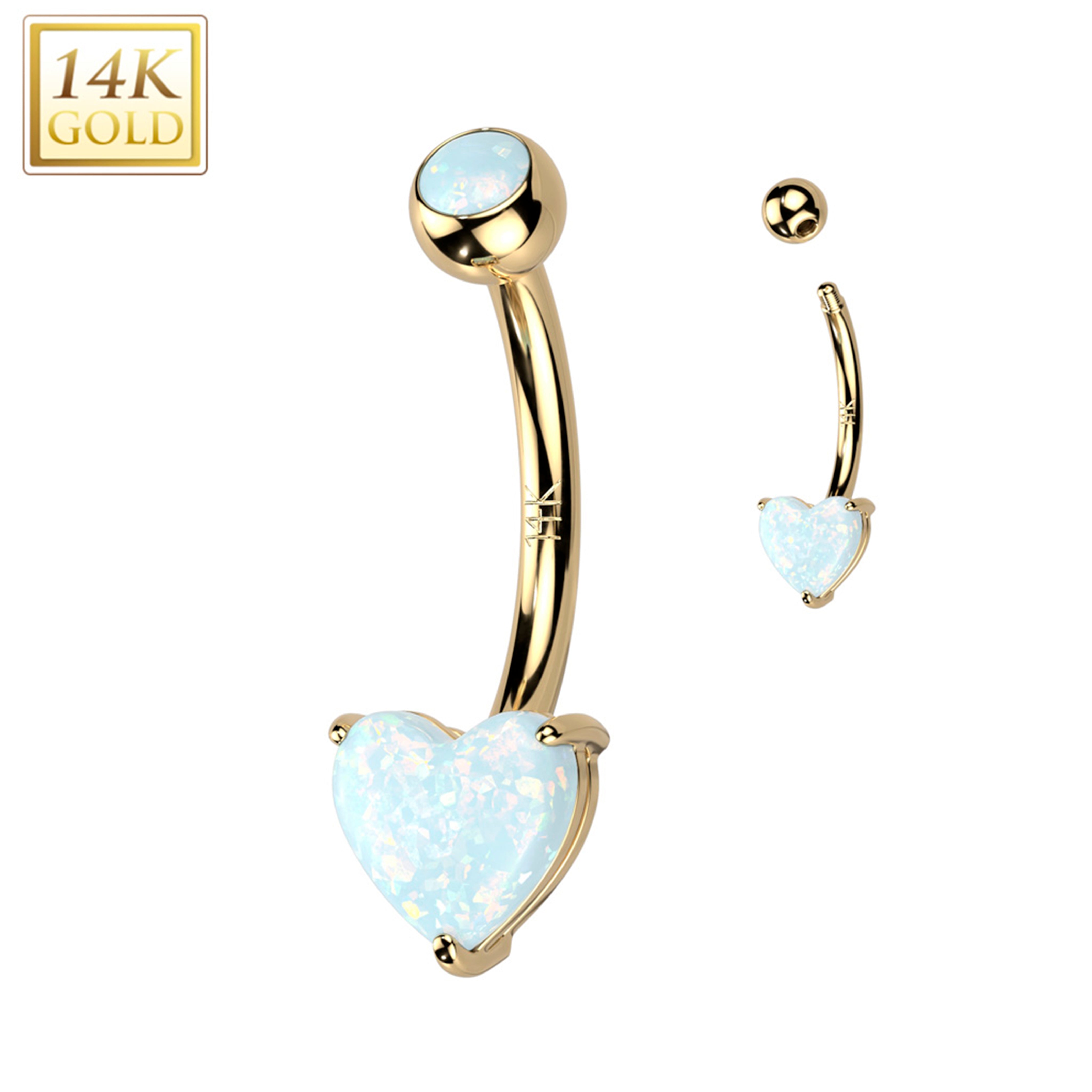 14k Solid Yellow Gold 6mm Synthetic Opal Heart Belly Ring
