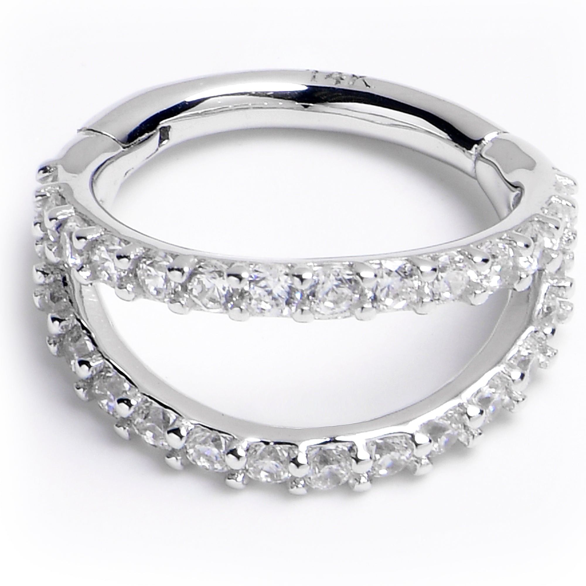 16G 5/16 Solid 14K White Gold Clear CZ Gem Hinged Segment Ring