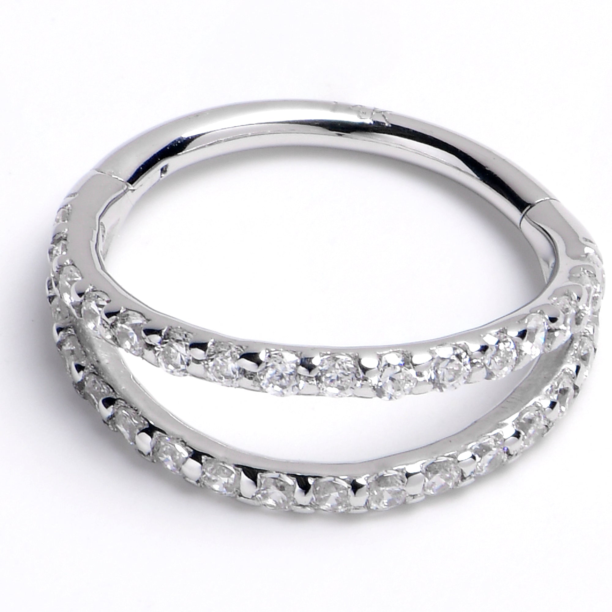16G 3/8 Solid 14K White Gold Clear CZ Gem Hinged Segment Ring