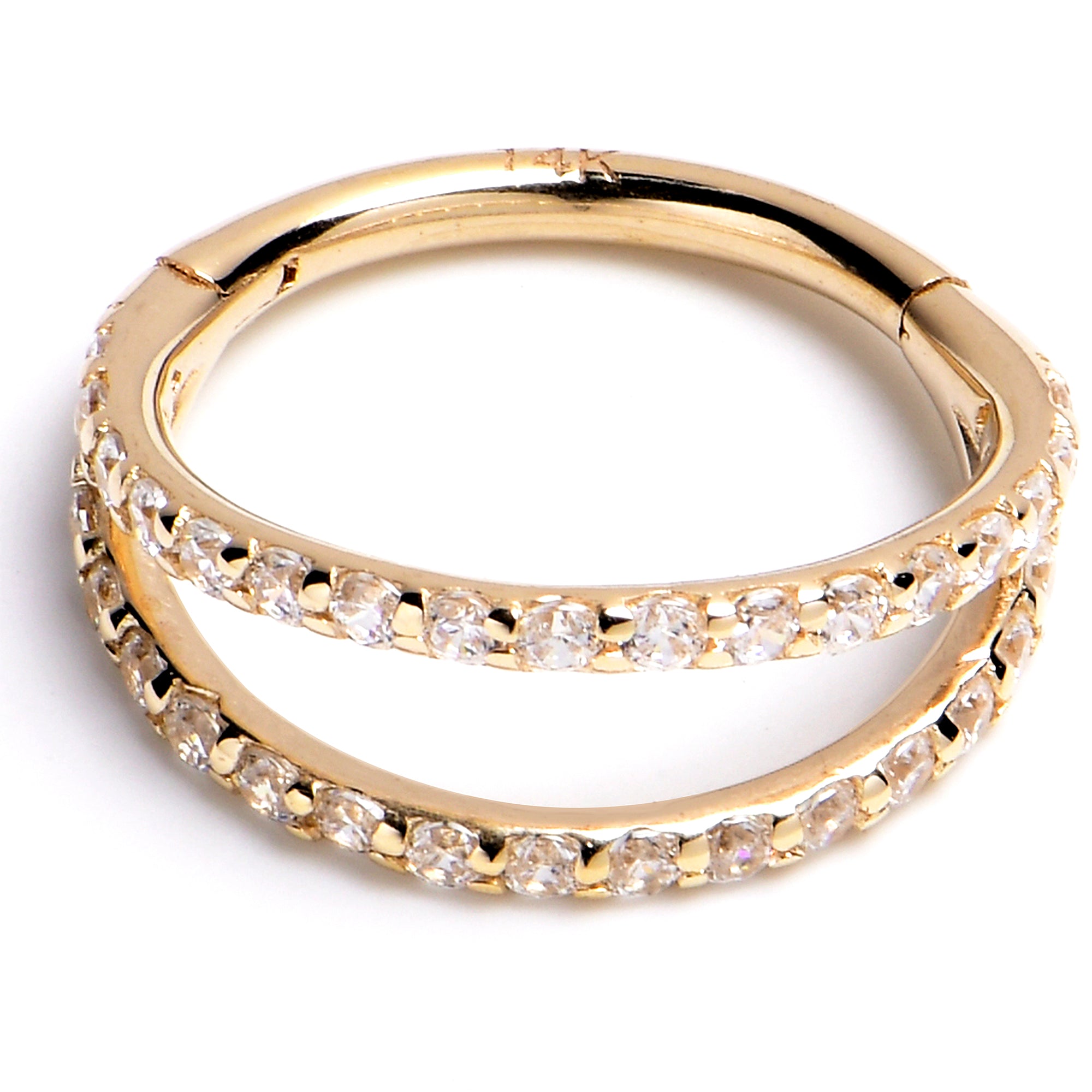 16G 3/8 Solid 14K Yellow Gold Clear CZ Gem Hinged Segment Ring