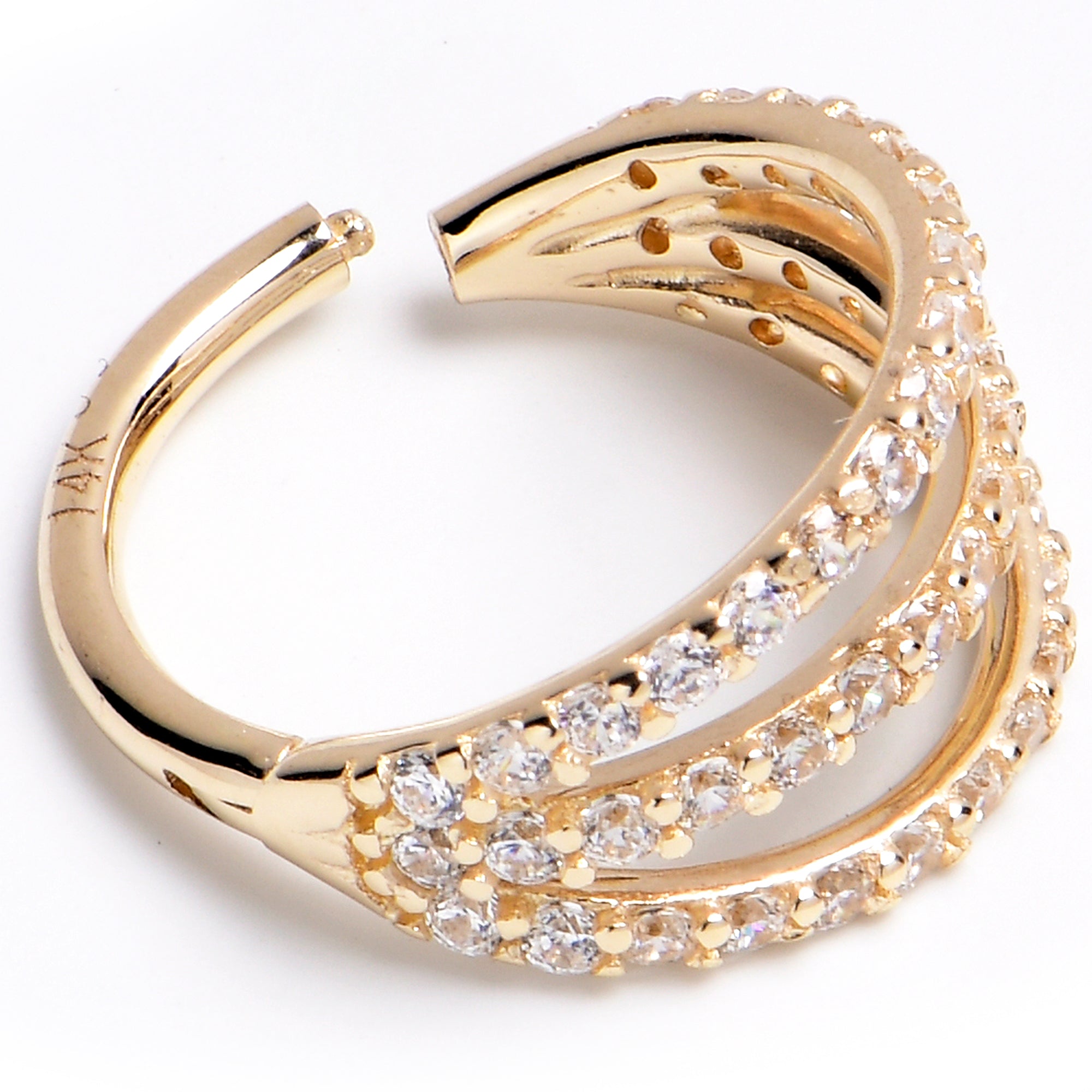 16G 3/8 Solid 14K Yellow Gold Clear CZ Gem Row Hinged Segment Ring