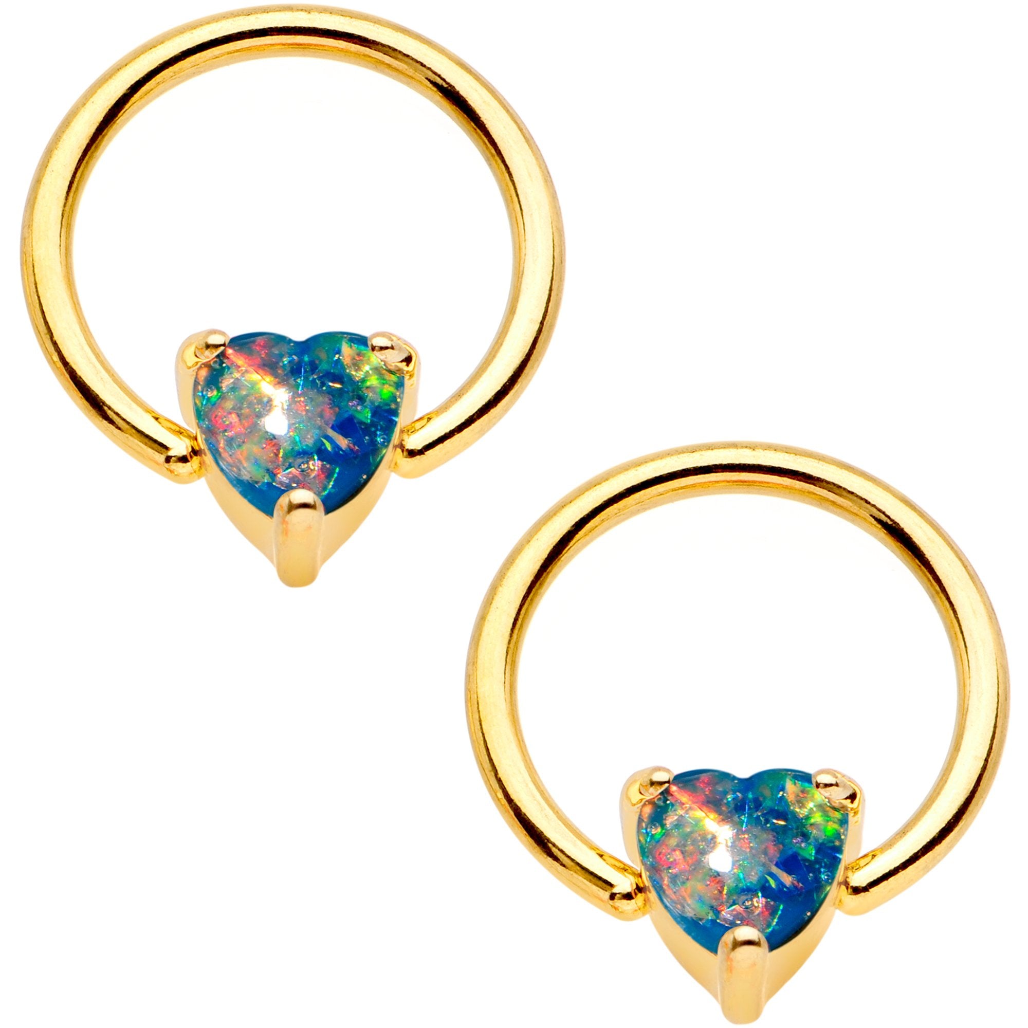 14G Blue Faux Opal Heart Captive Ring Barbell Nipple Ring Set