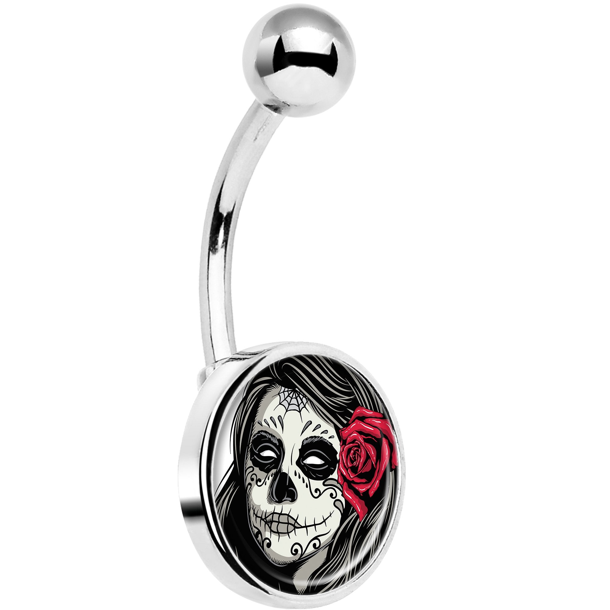 Katrina Sugar Skull with Rose Flower Hypoallergenic Stainless Steel Belly Ring