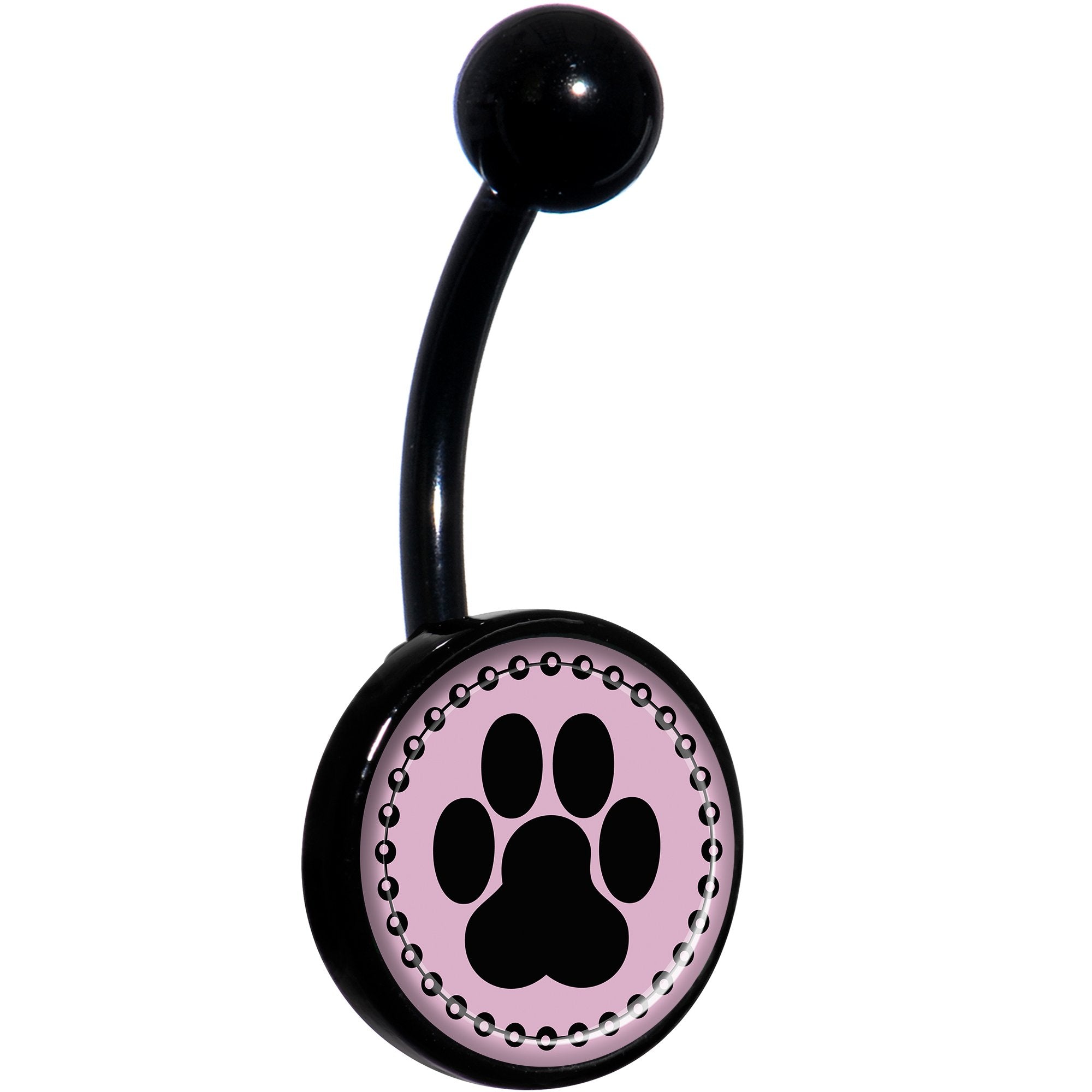 Black on Pink Paw Print Black Hypoallergenic Stainless Steel Belly Ring