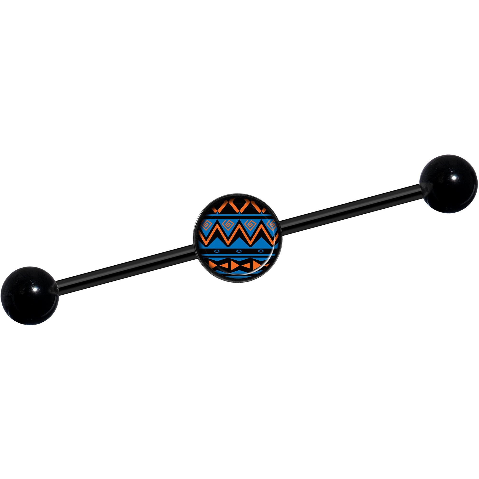 14G Blue Orange Tribal Print Black Industrial Barbell 37mm