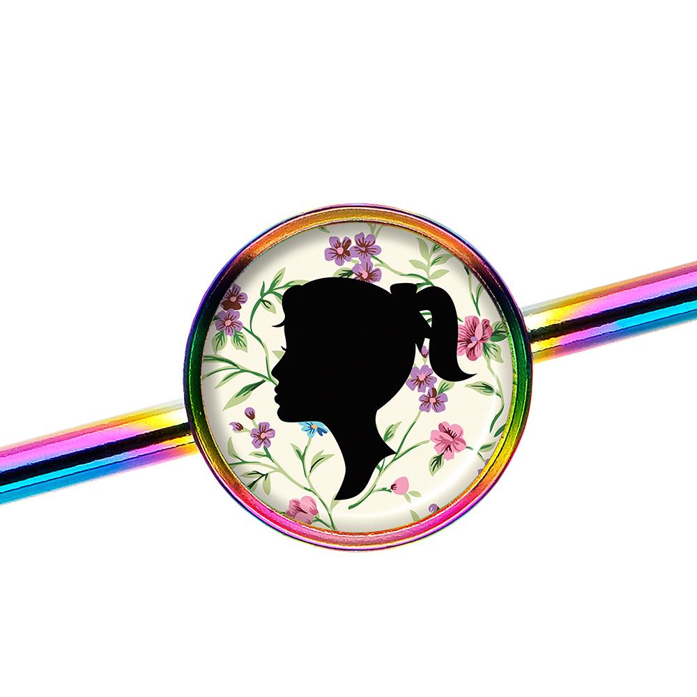 14G Woman Floral Silhouette Rainbow Industrial Barbell 37mm