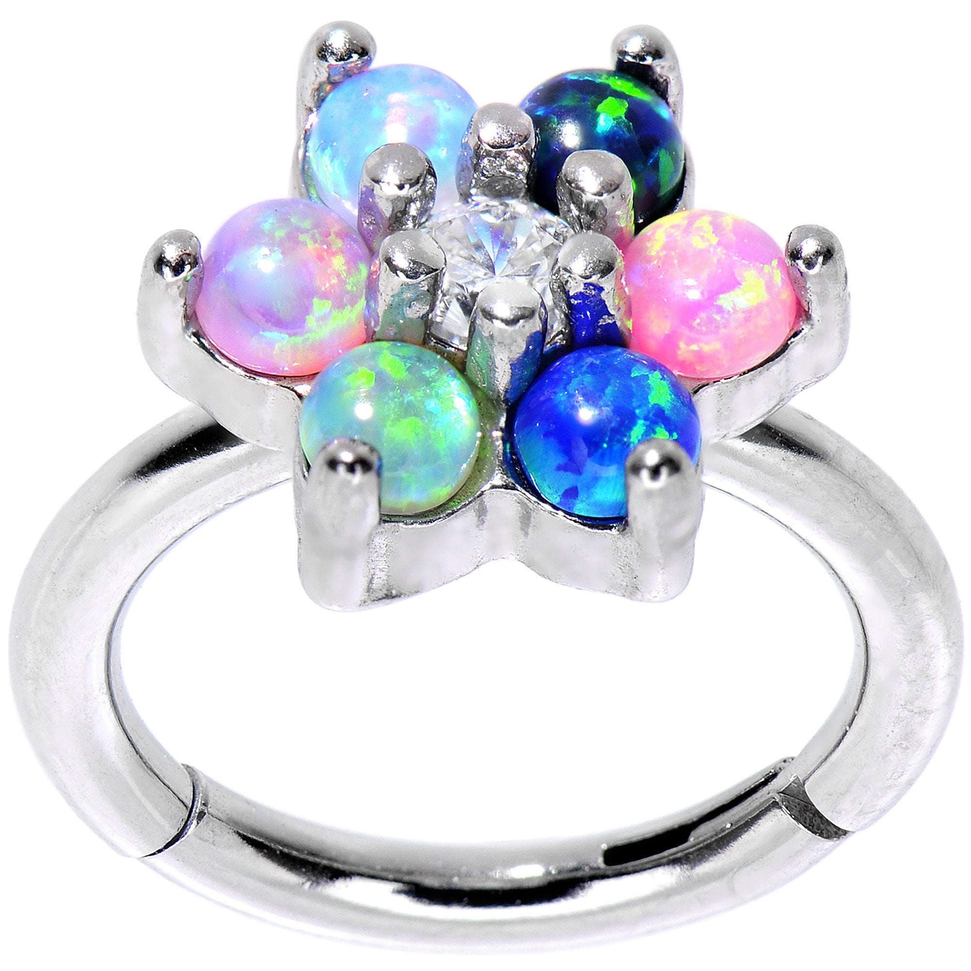16G 5/16 Clear CZ Gem Pink Blue Faux Opal Hinged Segment Ring