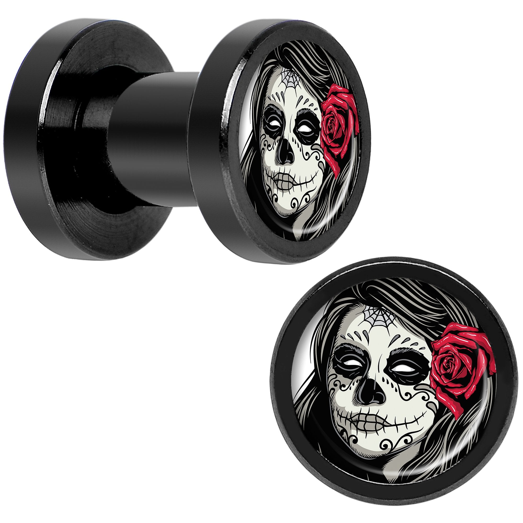 Katrina Sugar Skull Rose Flower Black Anodized Screw Fit Plug Set 4G