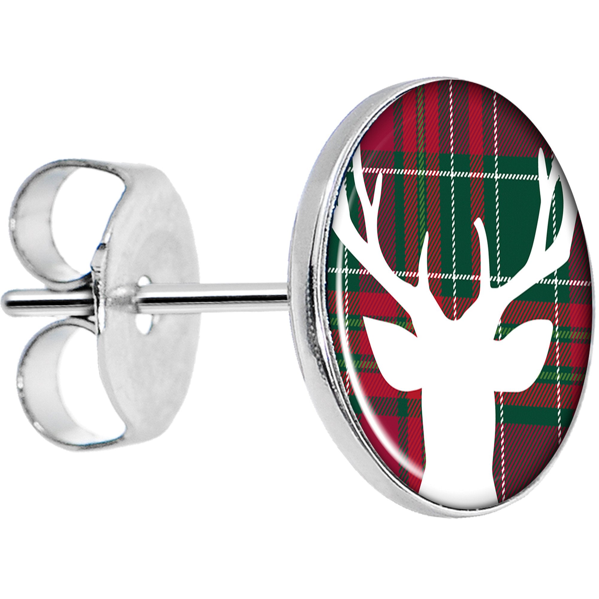 Red Green Plaid Reindeer Stainless Steel Stud Earrings lightweight body jewelry