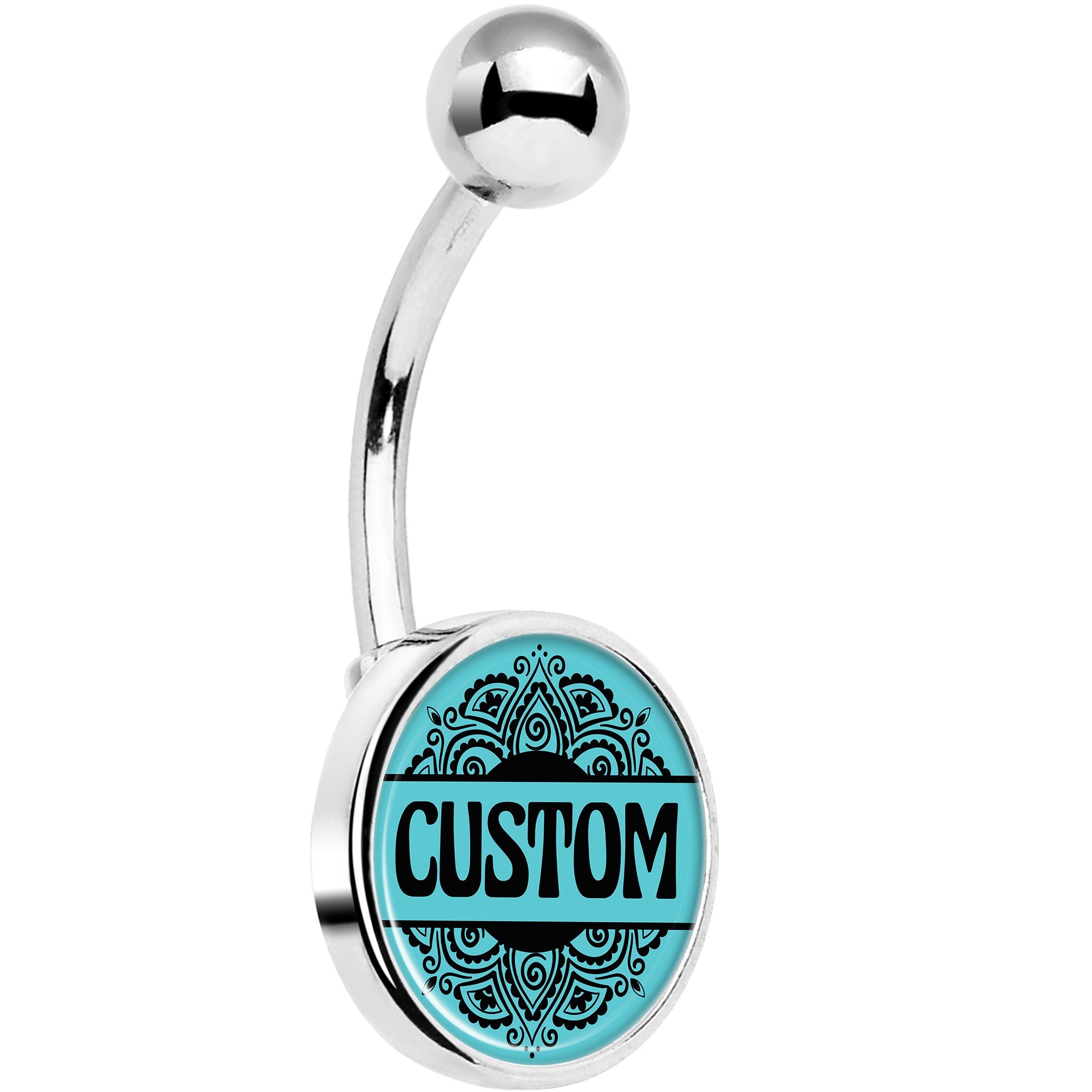 Custom Teal Mandala Personalized Name Hypoallergenic Stainless Steel Belly Ring