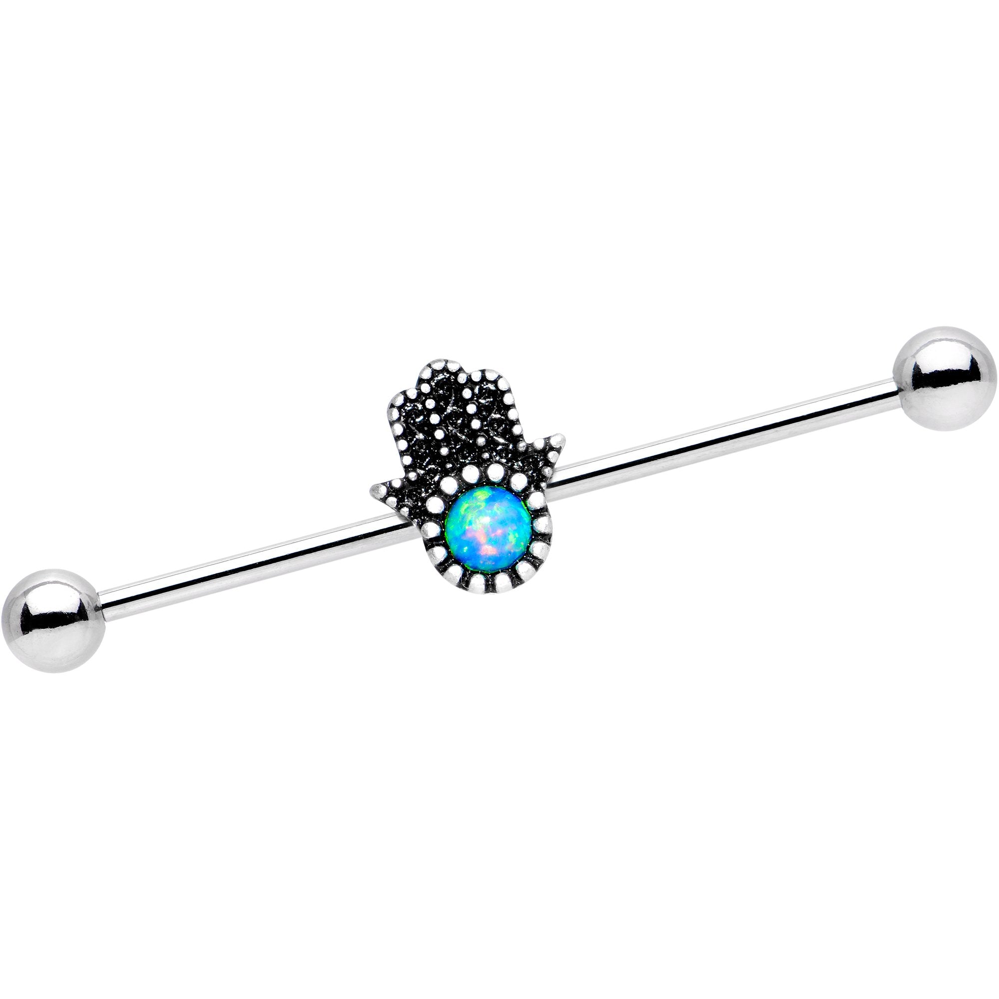 14G Blue Synthetic Opal Hamsa Hand Industrial Barbell 38mm