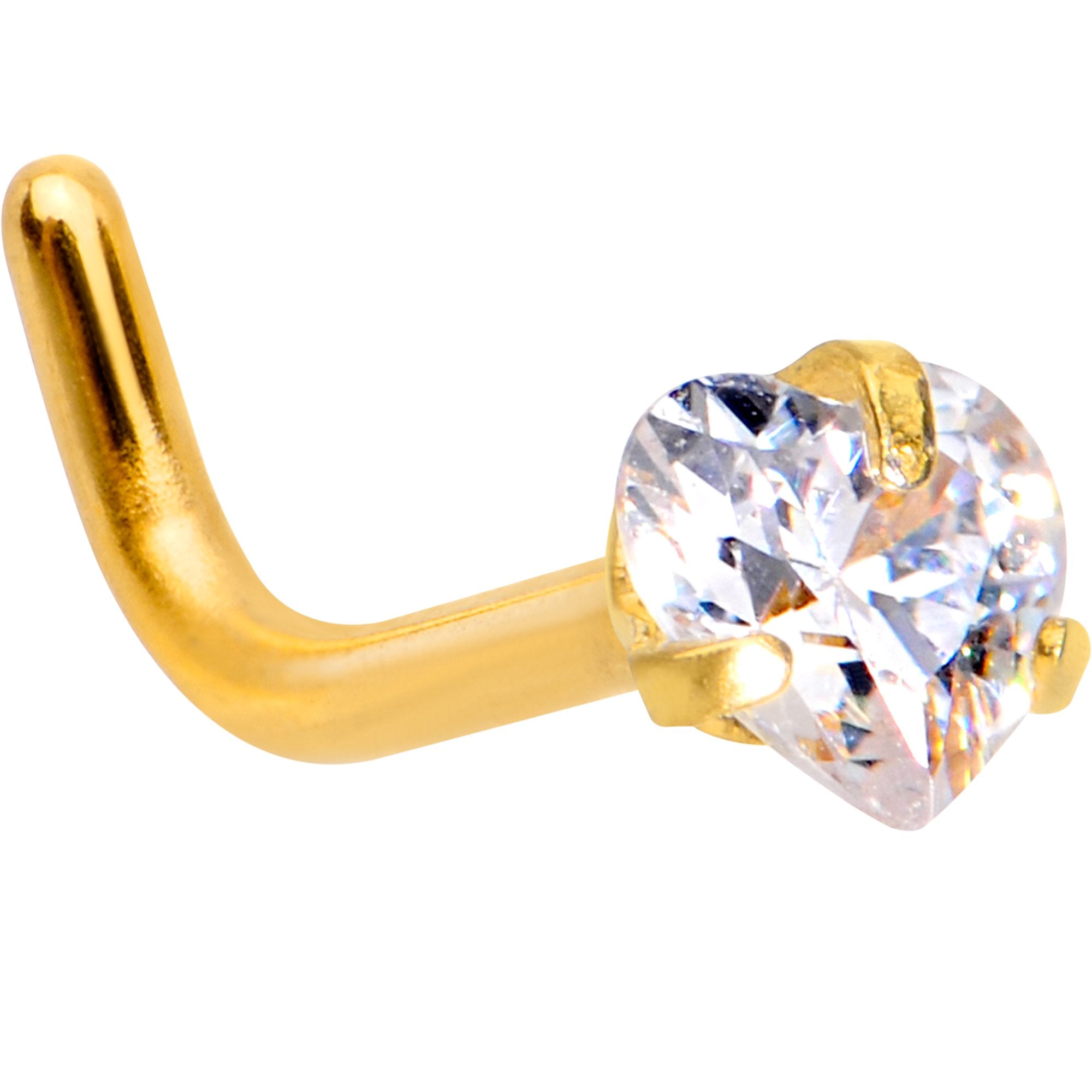 18G 1/4 Clear Heart 3mm CZ Gem Gold IP L-Shape Nose Ring