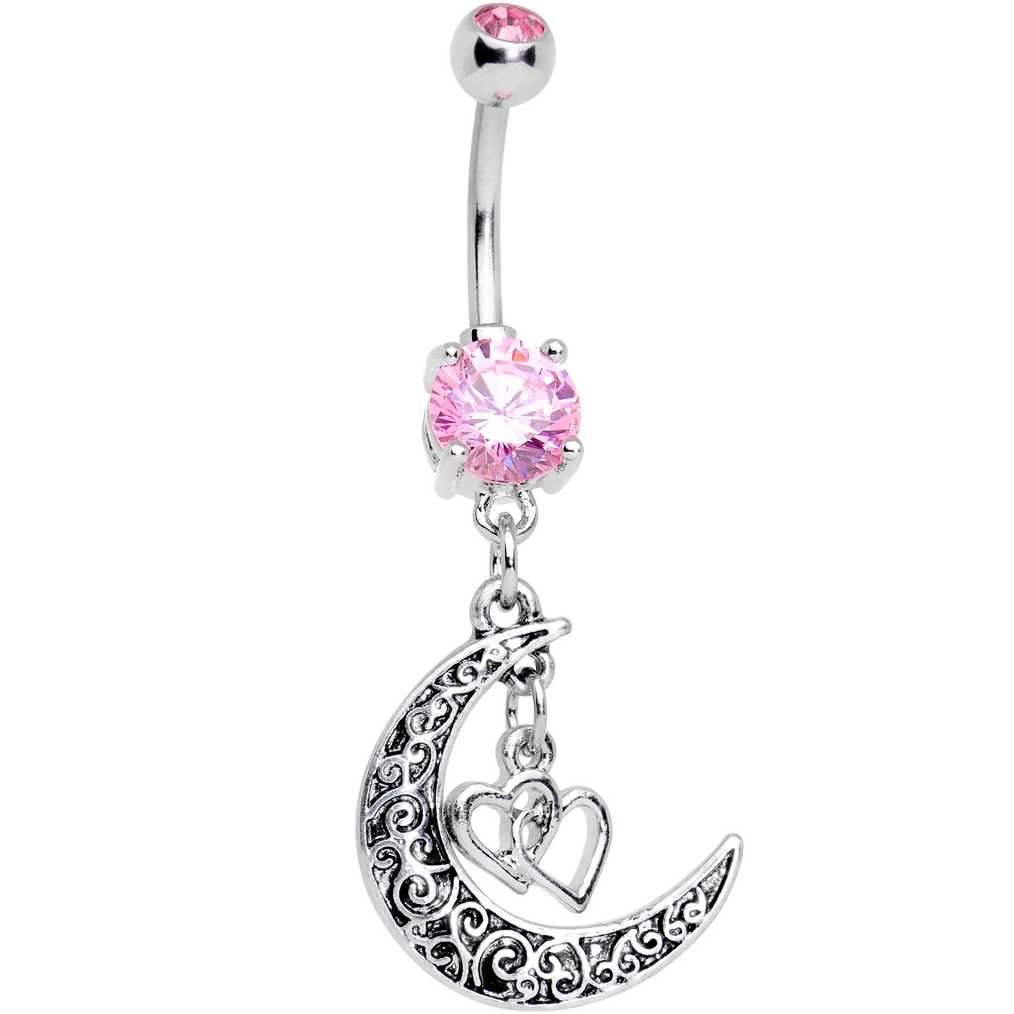 Pink Gem Moon Full of Love Dangle Belly Ring