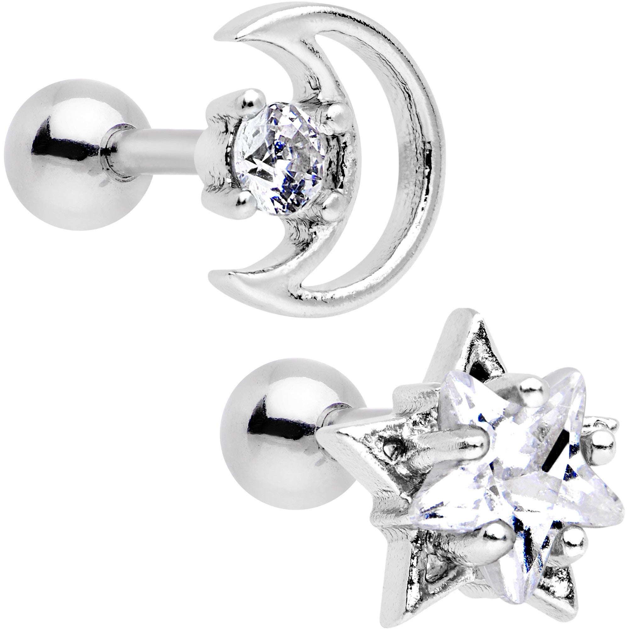 16G 1/4 Clear CZ Gem Moon and Star Tragus Cartilage Earring Set