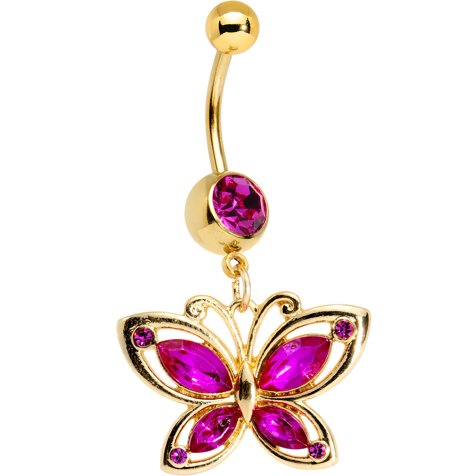 Pink Gem Gold PVD Burst of Color Butterfly Dangle Belly Ring