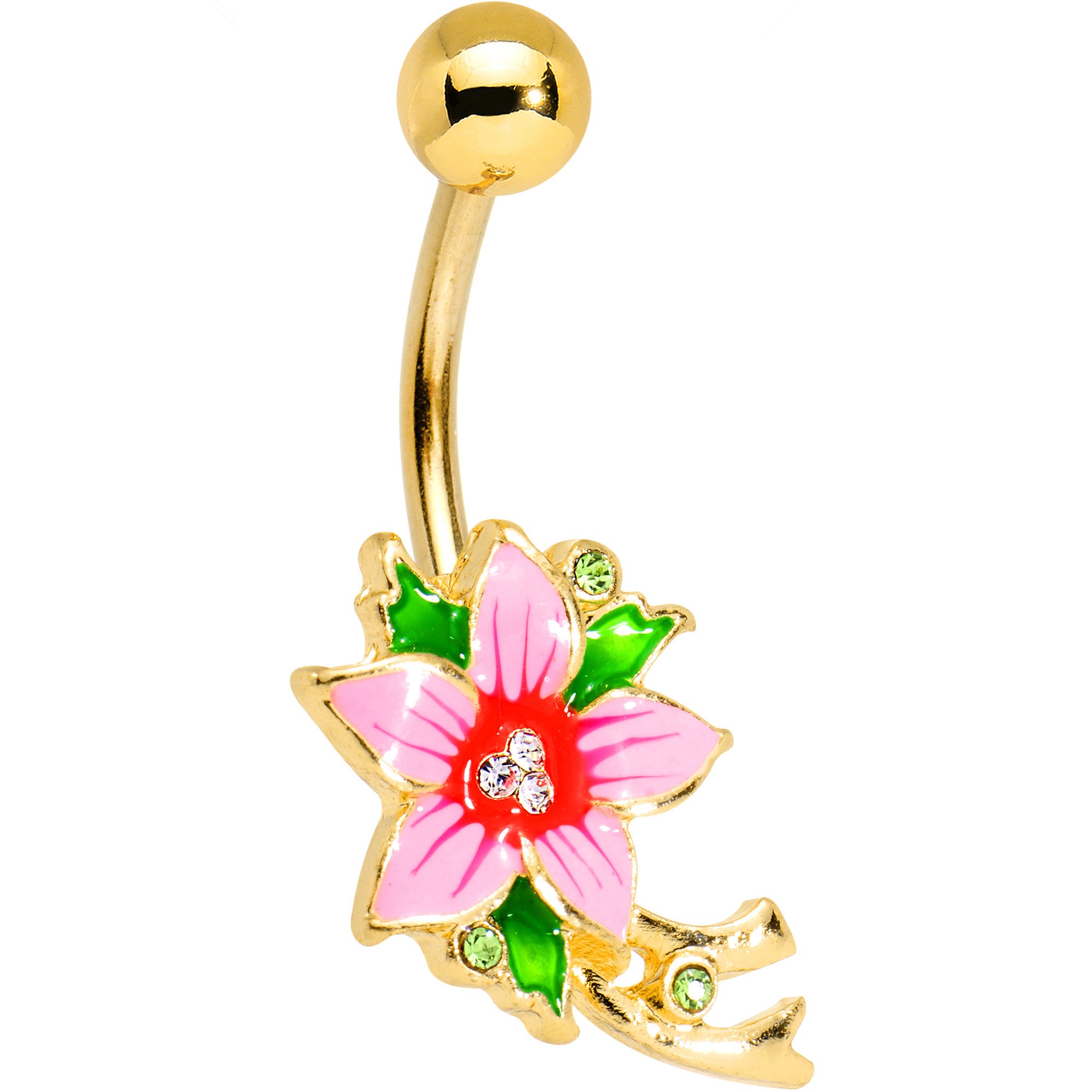 Green Clear Gem Pink Bashful Hibiscus Flower Belly Ring