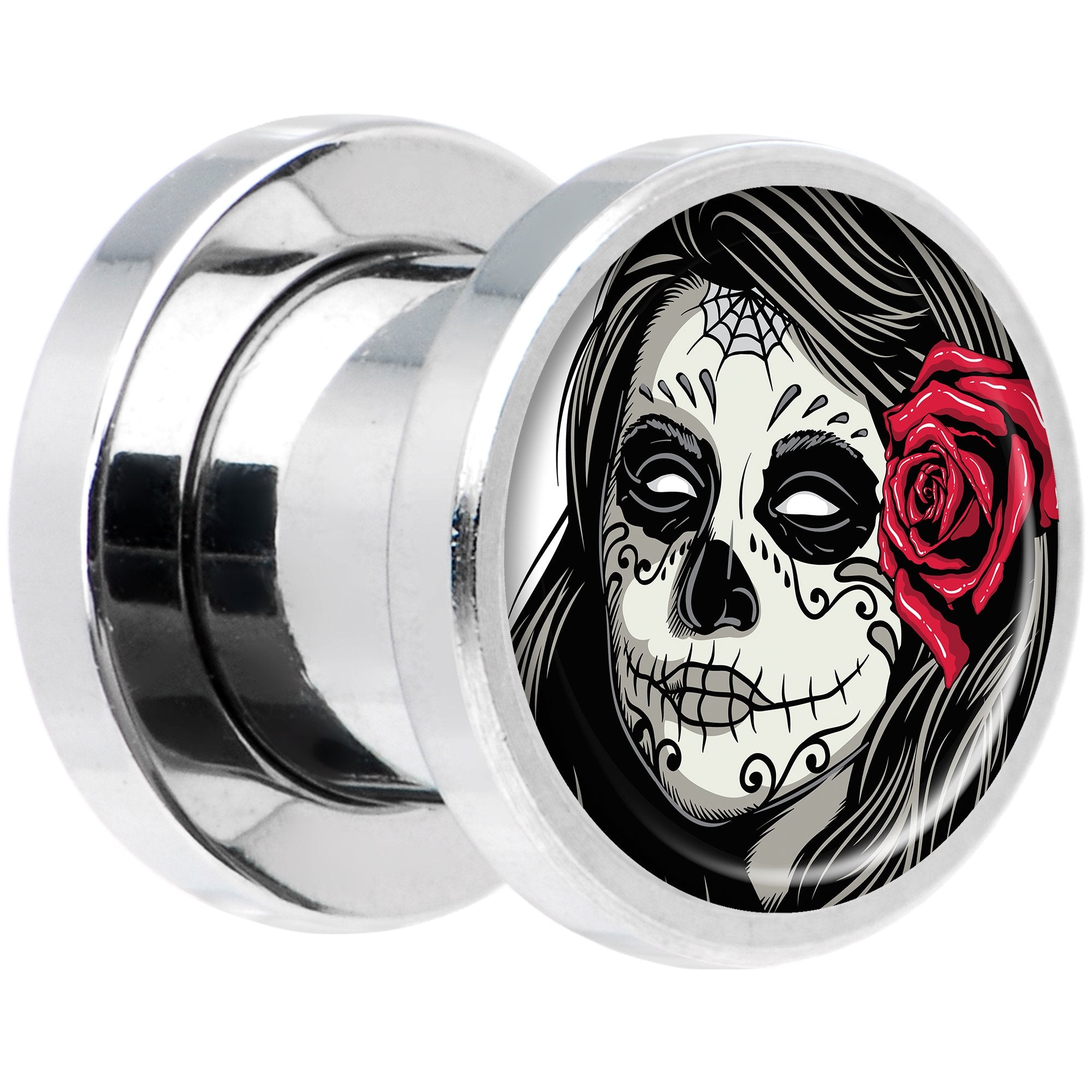Katrina Sugar Skull with Rose Flower Steel Screw Fit Plug Set 0G