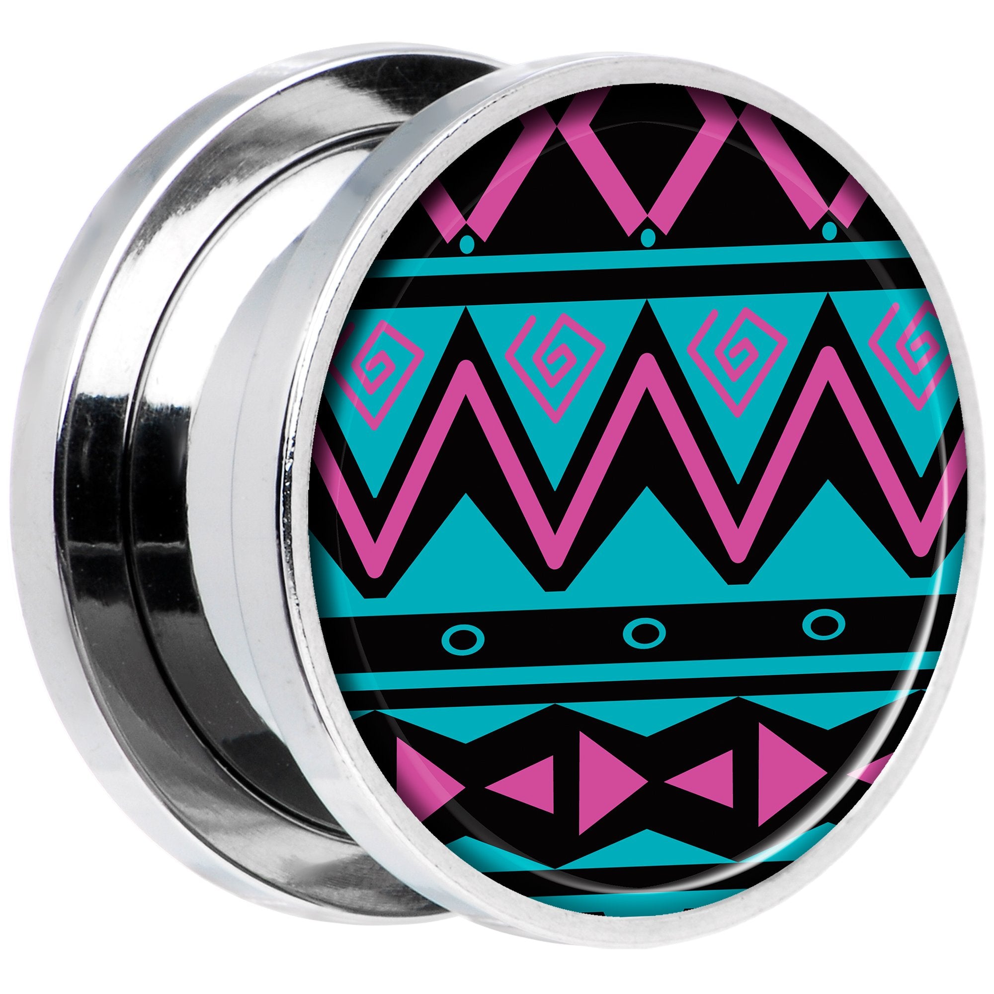 Pink Teal Tribal Print Steel Screw Fit Plug Set 5/8