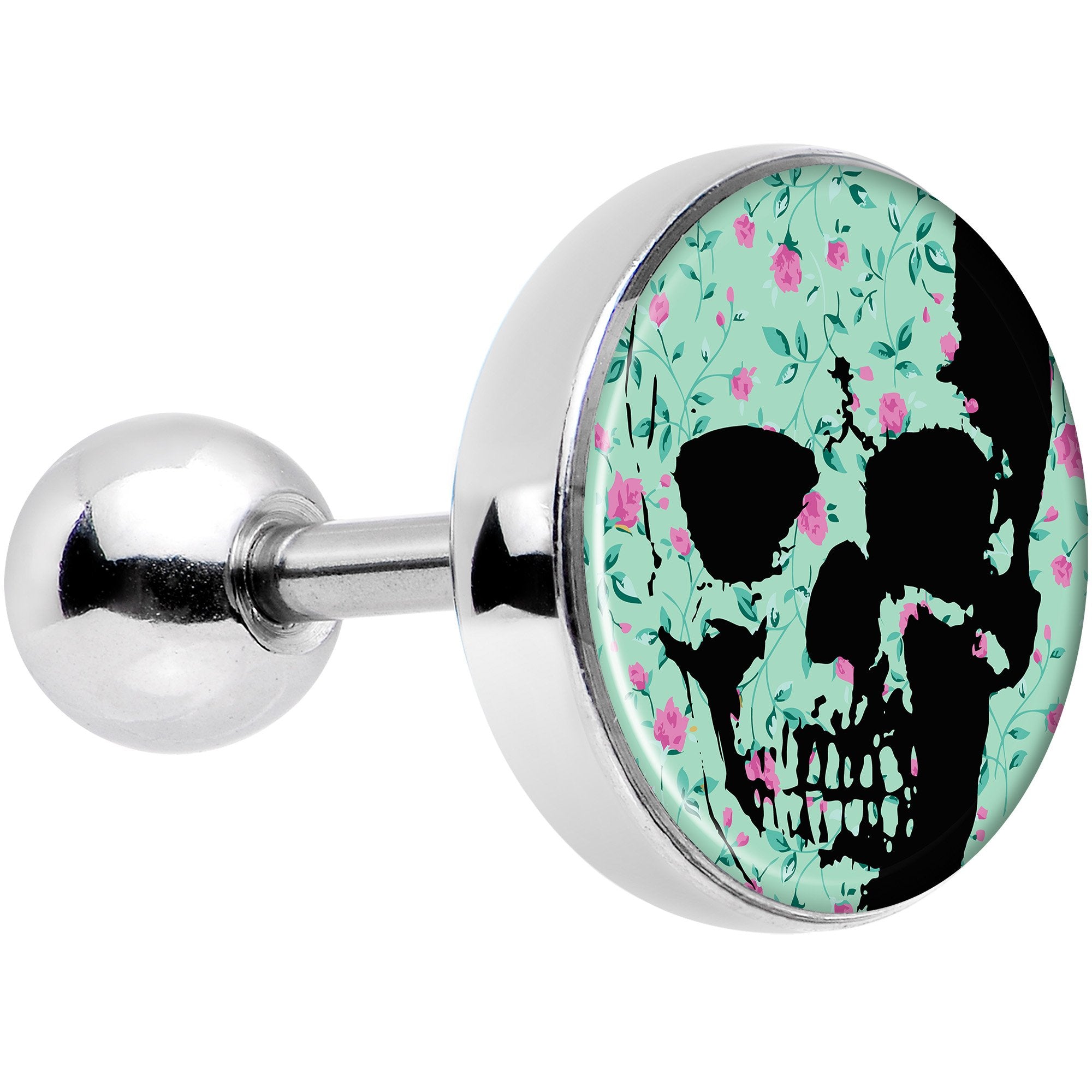 Green Pink Floral Skull Tragus Cartilage Earring