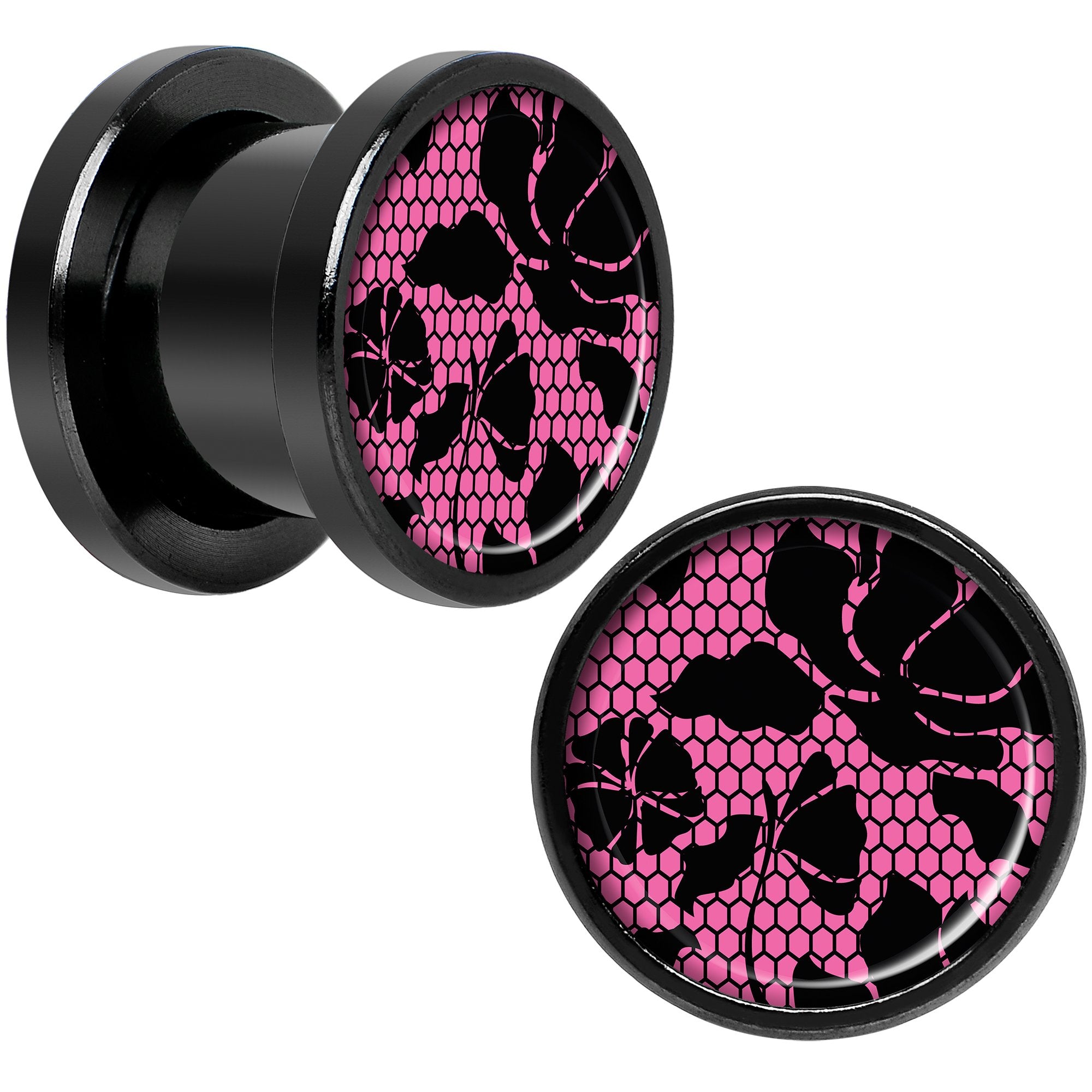 Pink Floral Lace Black Anodized Screw Fit Plug Set 00G
