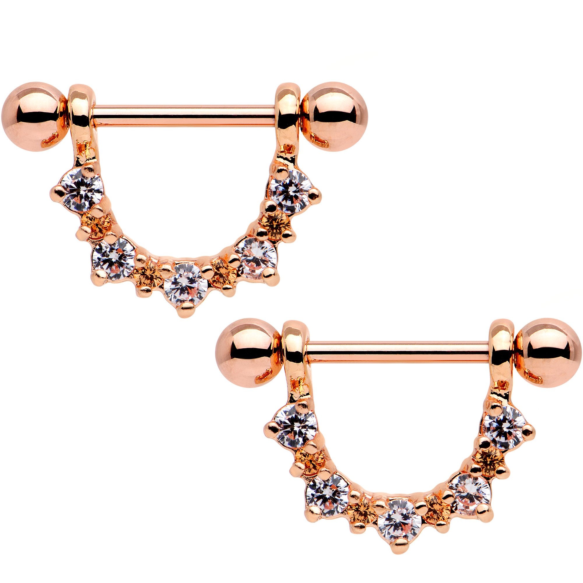 9/16 Clear Gem Rose Gold Tone Anodized Classy Dangle Nipple Ring Set