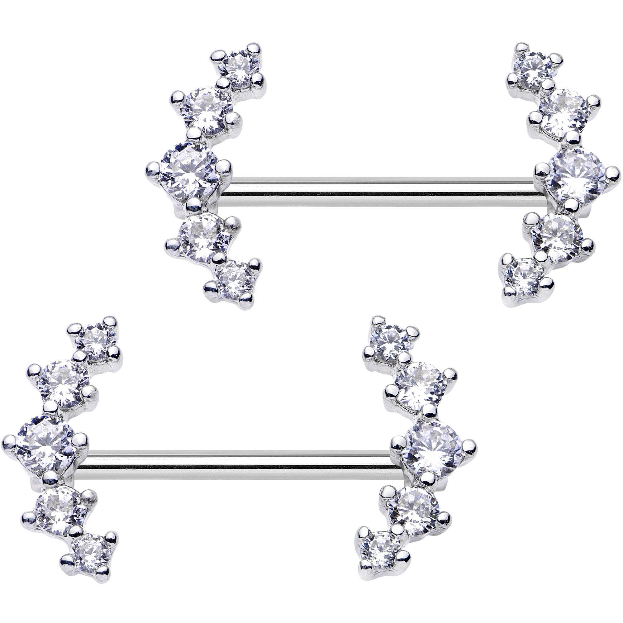 Clear CZ Gem Quintuple Cascade Barbell Nipple Ring Set