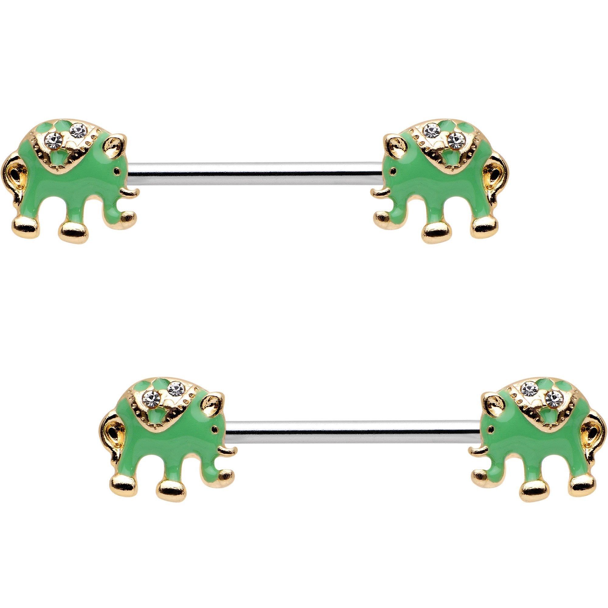 14G 5/8 Clear Gem Green Festive Elephant Barbell Nipple Ring Set