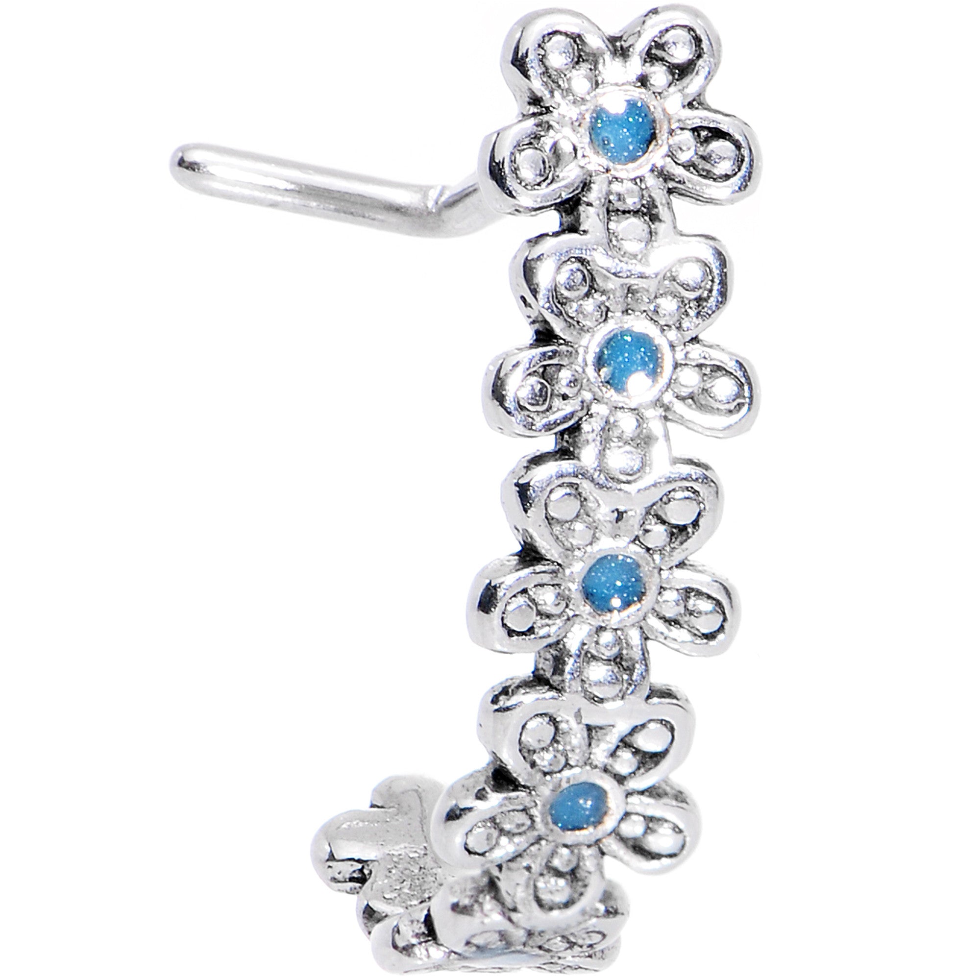 20G Blue Belle Daisy Flower Chain Faux Hoop L Shaped Nose Ring