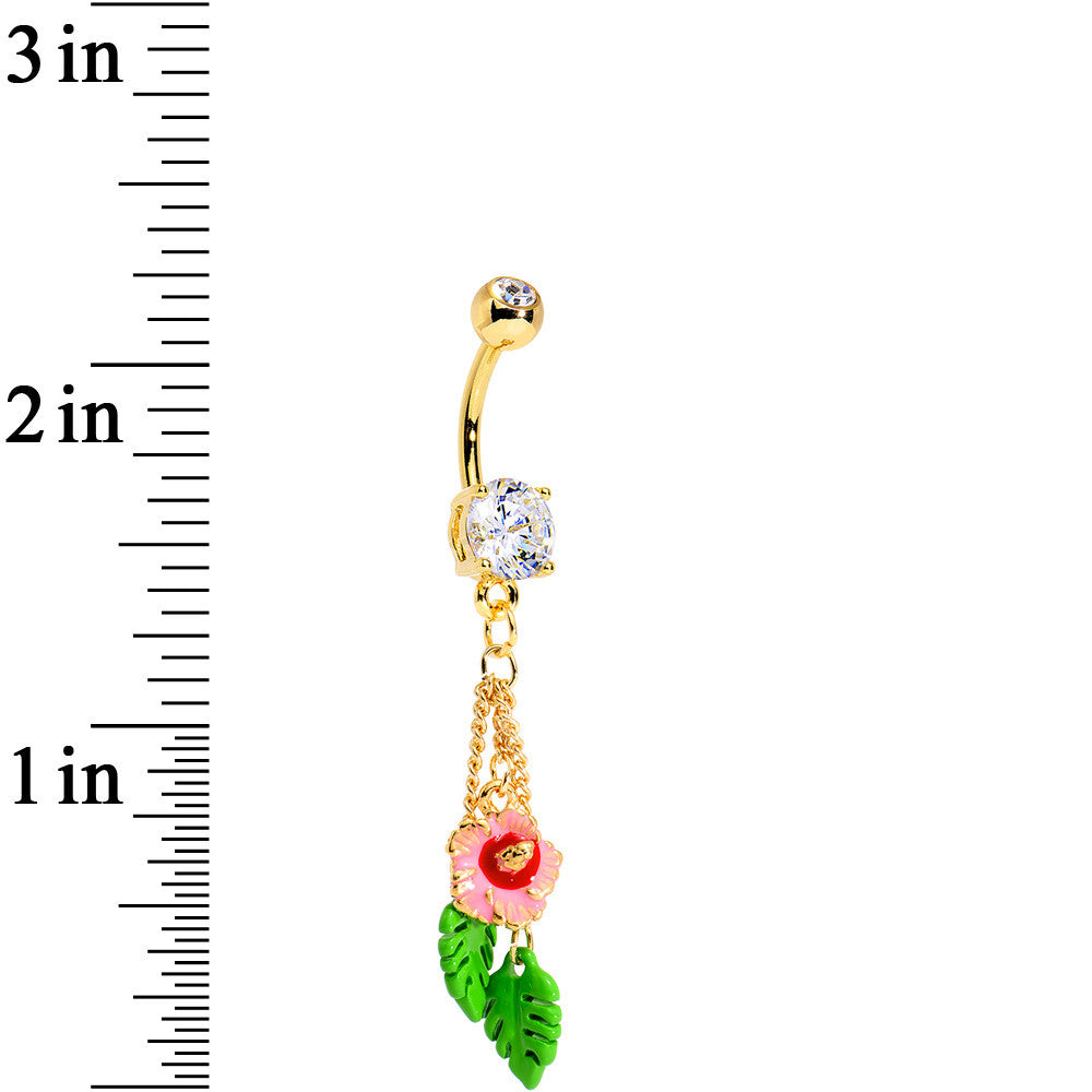Clear Pink Flower Dangle Belly Ring Created with Crystals