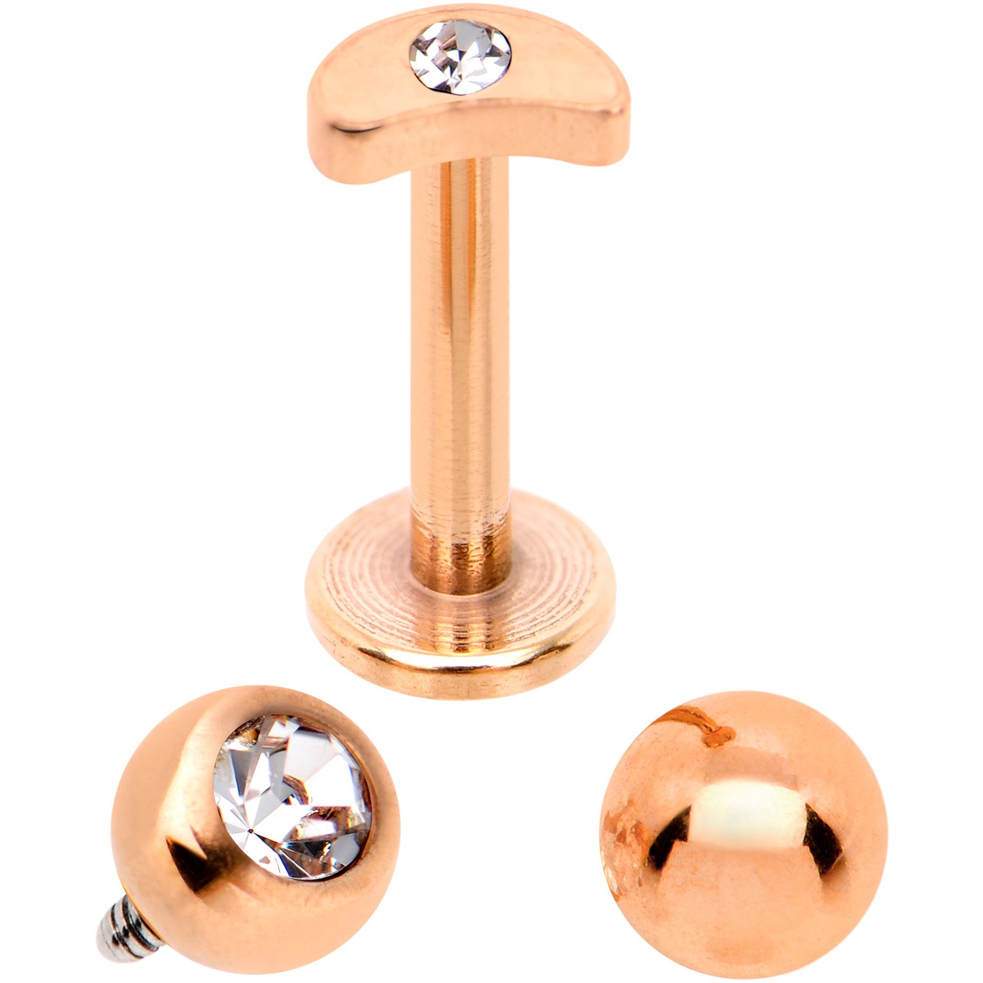 Clear CZ Rose Gold PVD Moon Internally Threaded Labret Set of 3 Ends