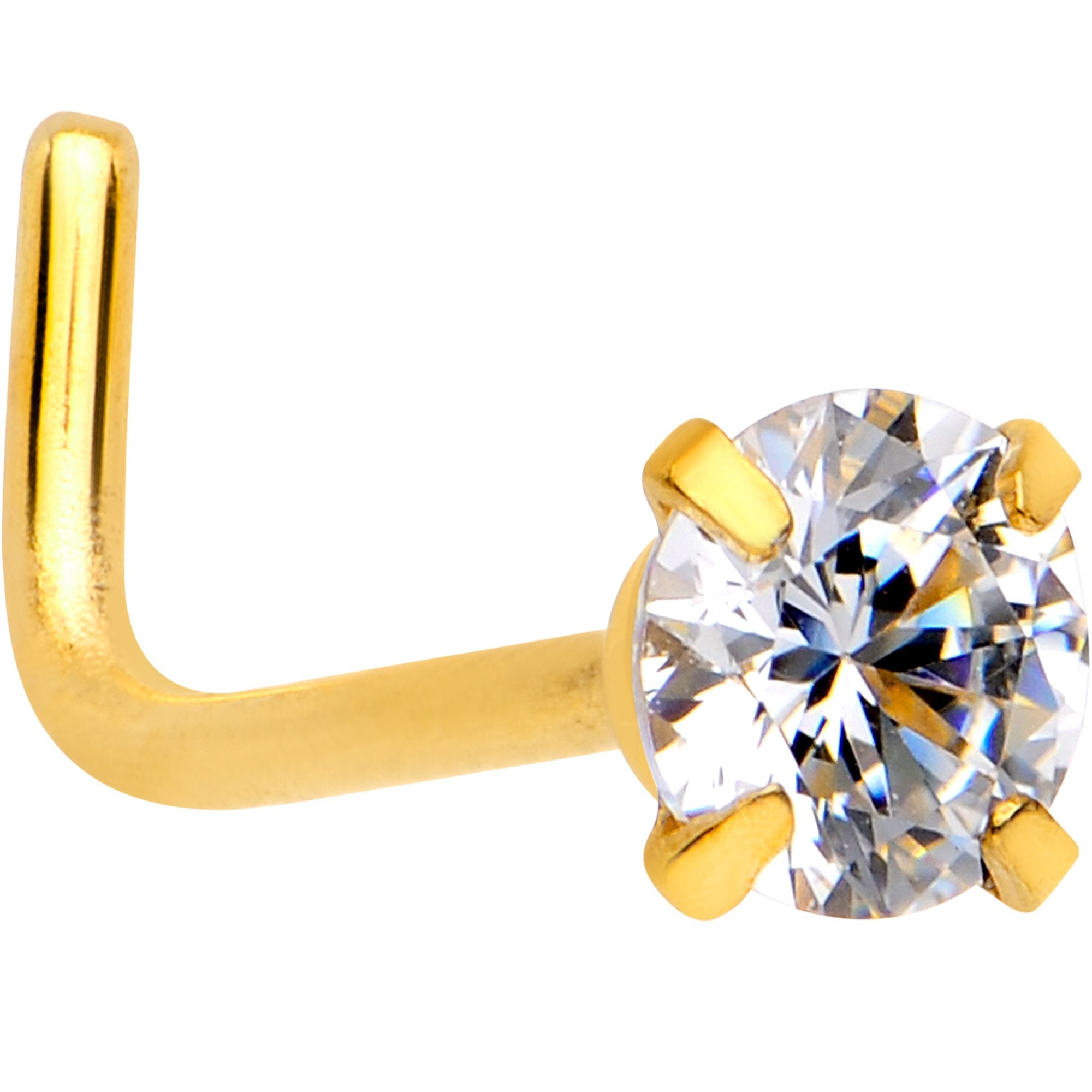 20G 1/4 Clear 3mm CZ Gem Gold IP L-Shape Nose Ring