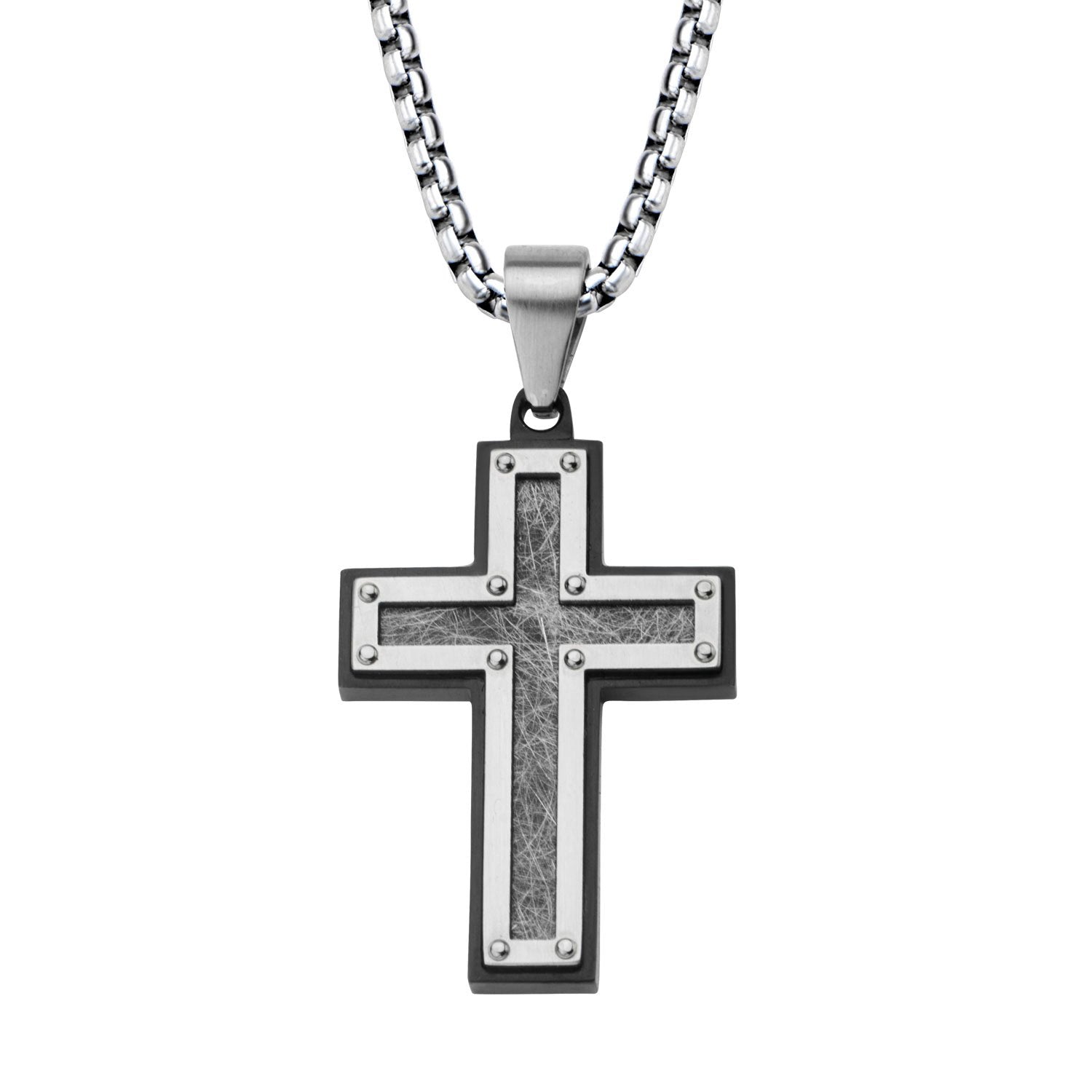 Mens Textured Black IP Cross Pendant With Box Chain