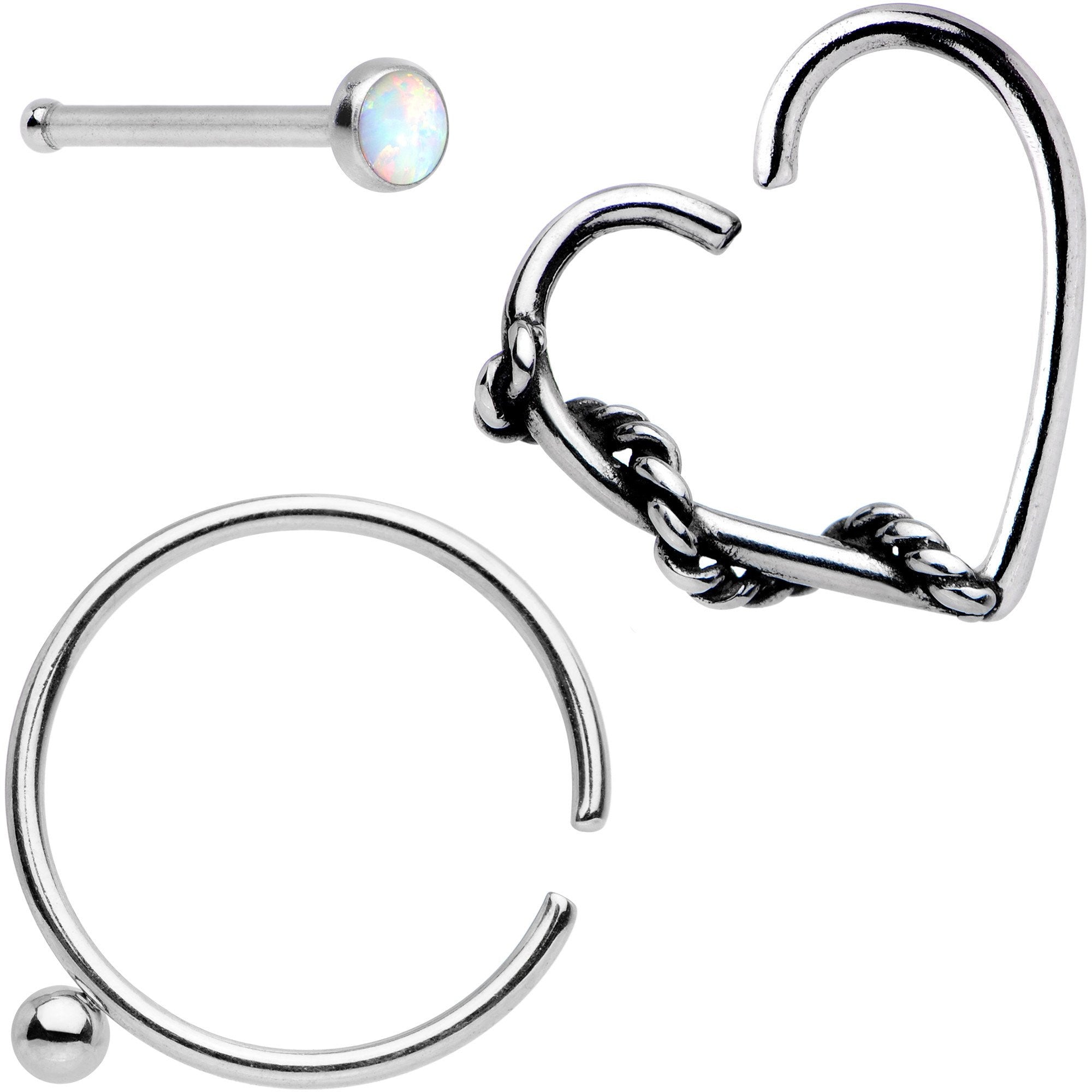 20G White Faux Opal Nose Bone Heart Closure Ring Pack Set of 3