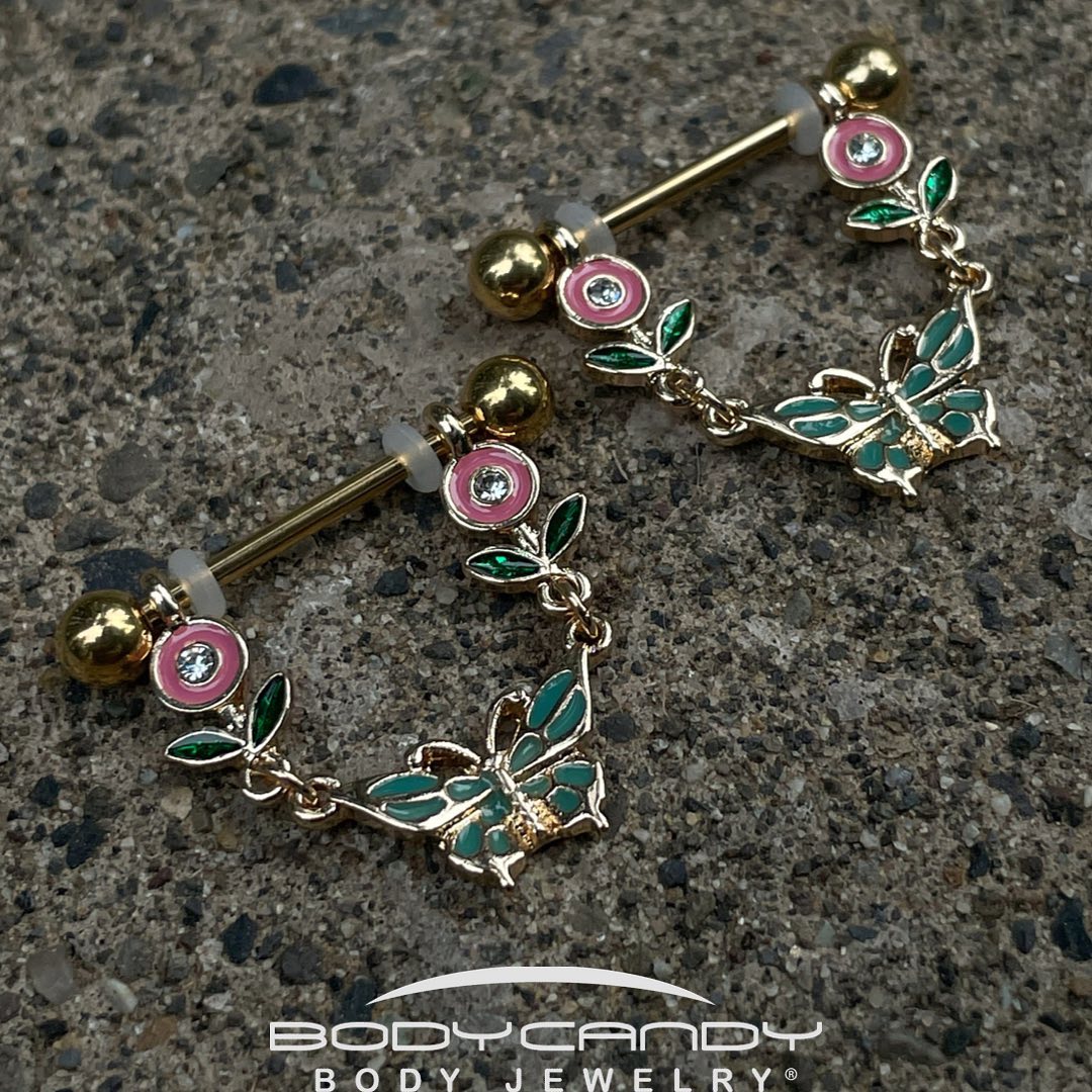 14G 9/16 Clear Gem Gold Tone Butterfly Flower Nipple Ring Set