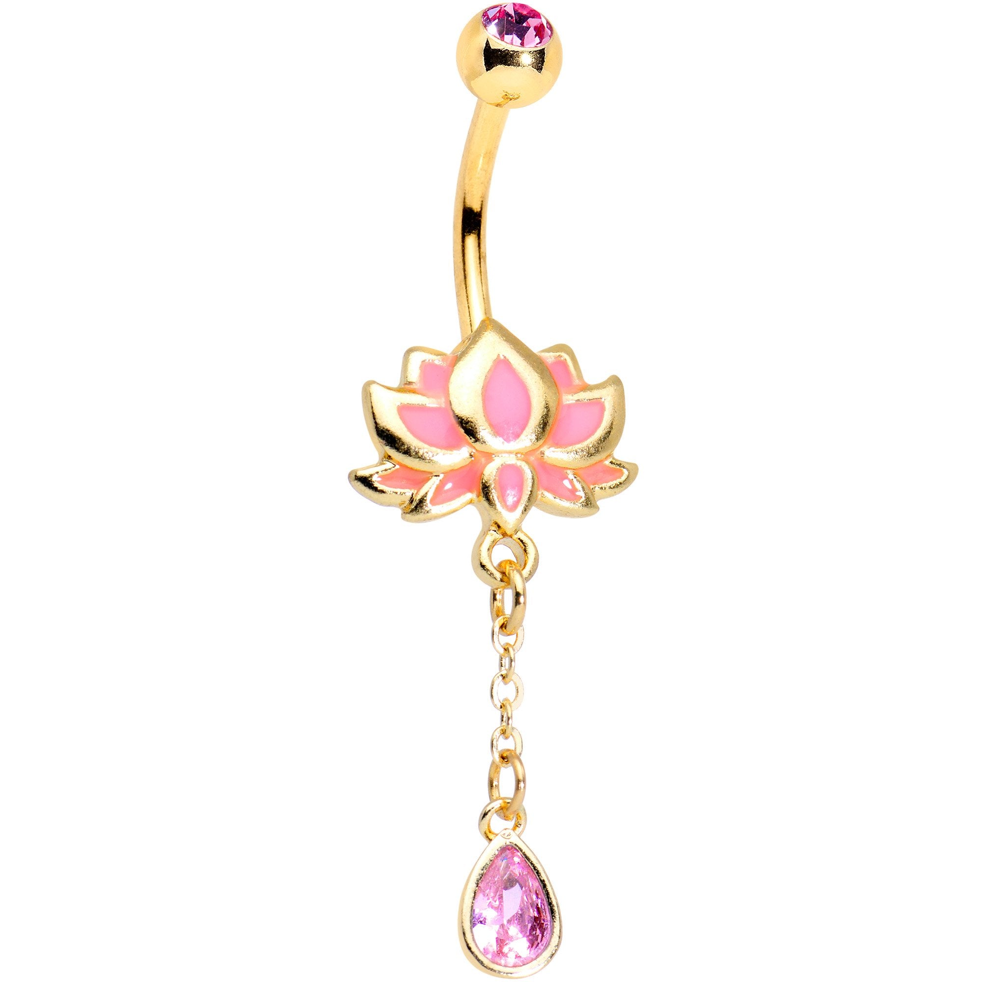Pink Gem Gold Tone Anodized Blooming Lotus Flower Dangle Belly Ring