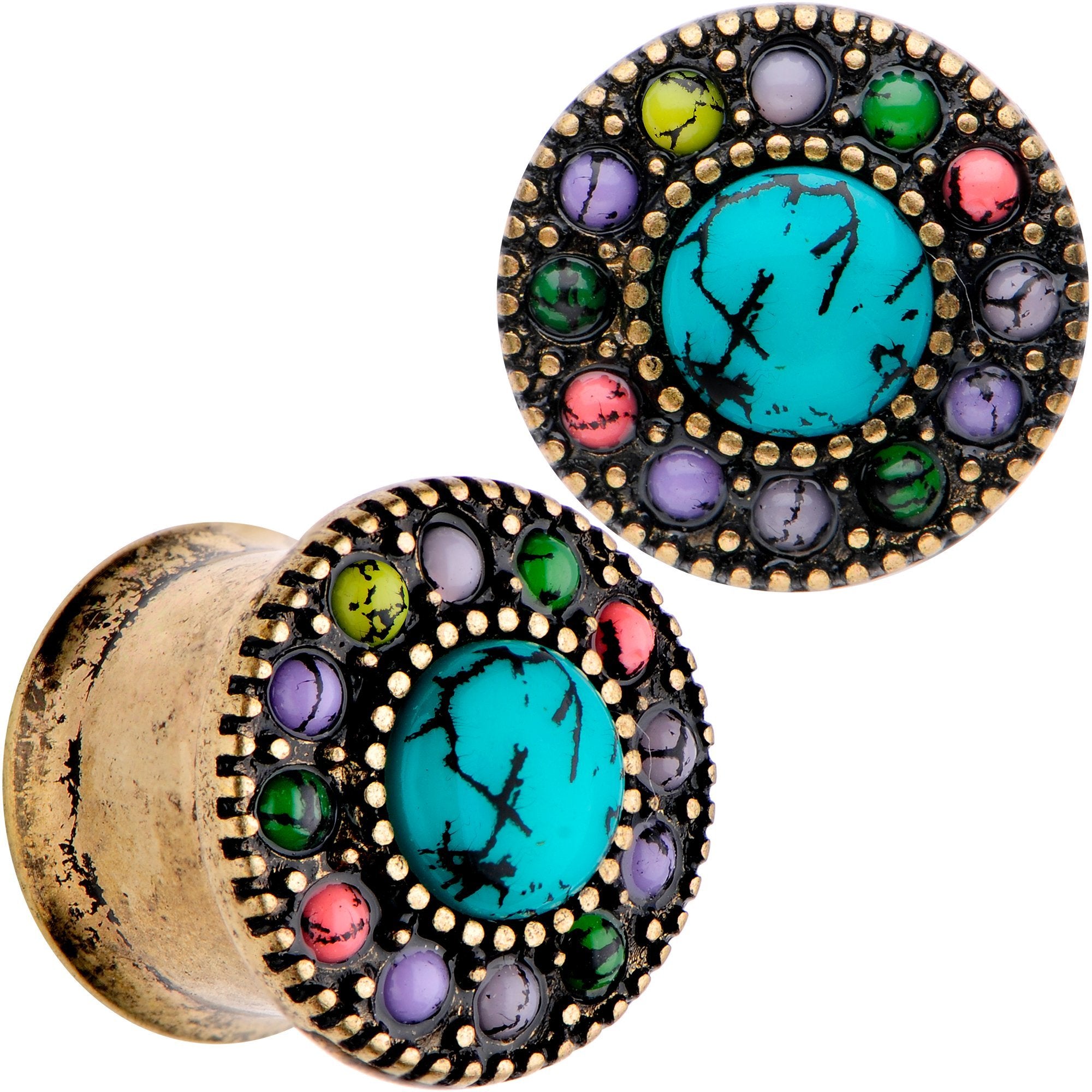 Gold Plated Southwestern Stone Age Double Flare Plug Set 2G to 22mm