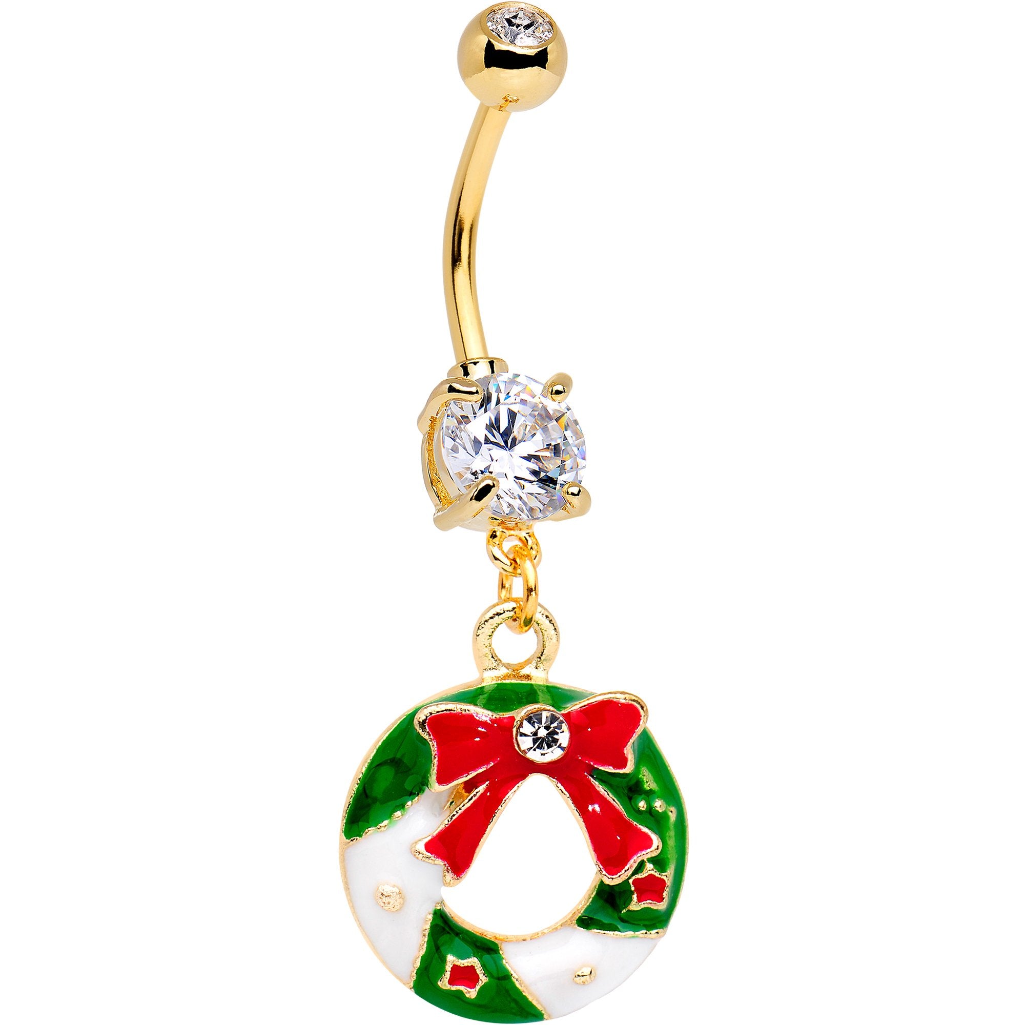 Clear CZ Gem Gold Tone Anodized Christmas Wreath Dangle Belly Ring