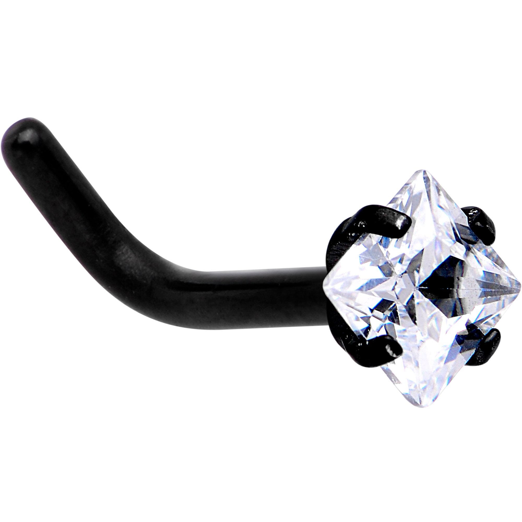 18G 1/4 Clear Square 2.5mm CZ Gem Black IP L-Shape Nose Ring