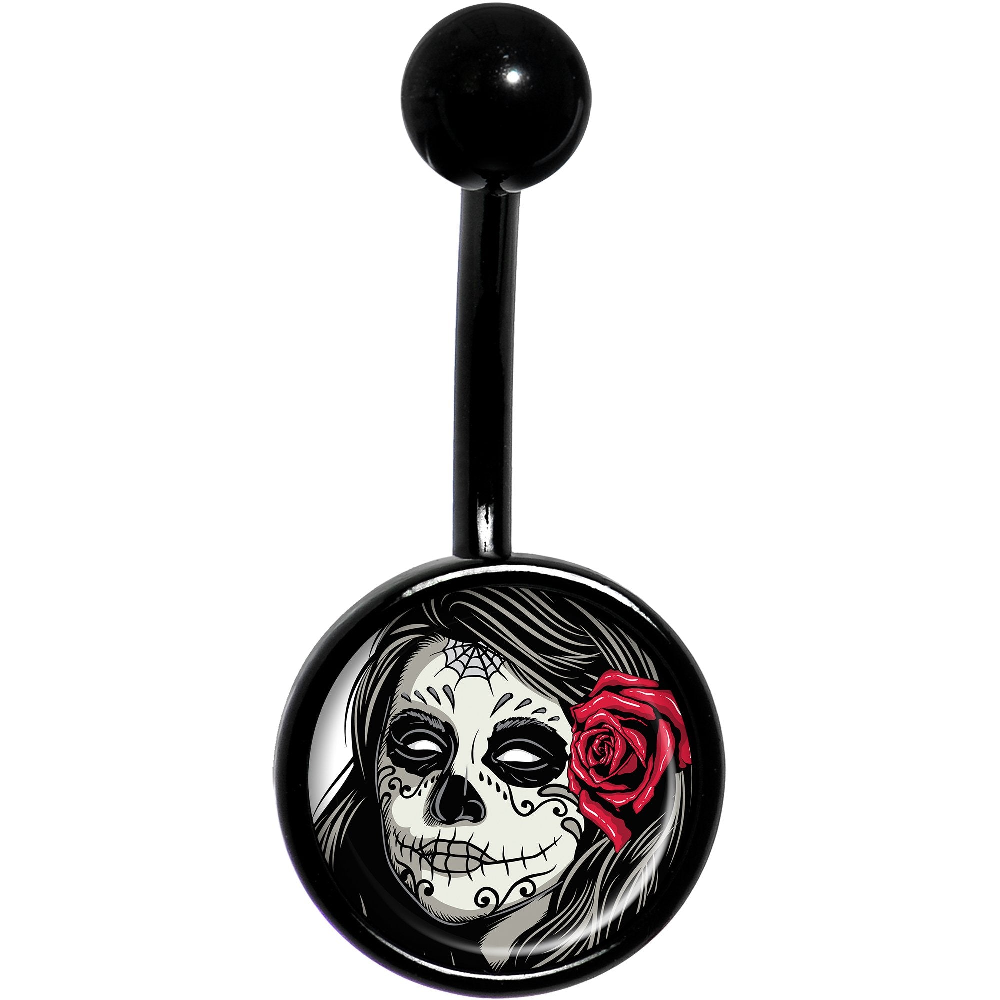 Katrina Sugar Skull with Rose Flower Black Stainless Steel Belly Ring lightweight comfortable