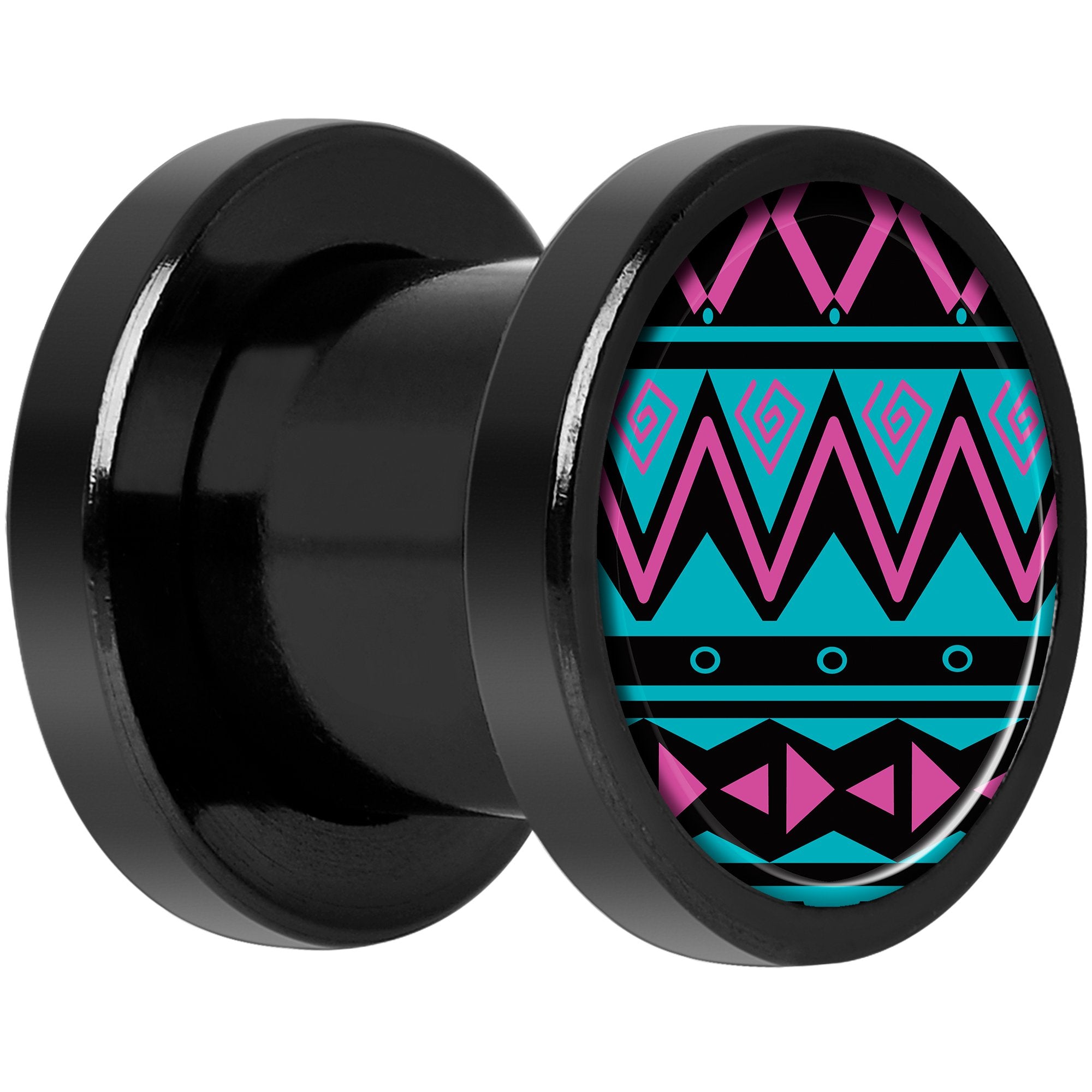 Pink Teal Tribal Print Black Anodized Screw Fit Plug Set 0G