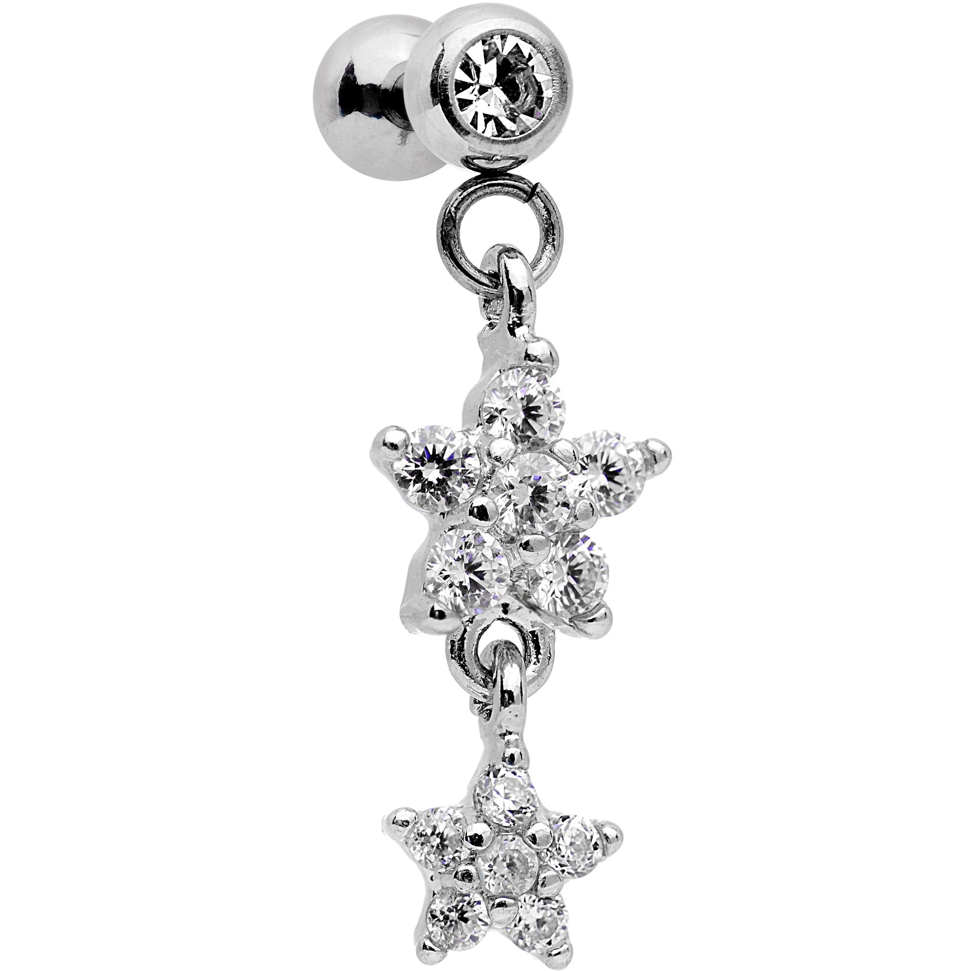 16G 1/4 Clear Gem Double Star Dangle Cartilage Tragus Earring