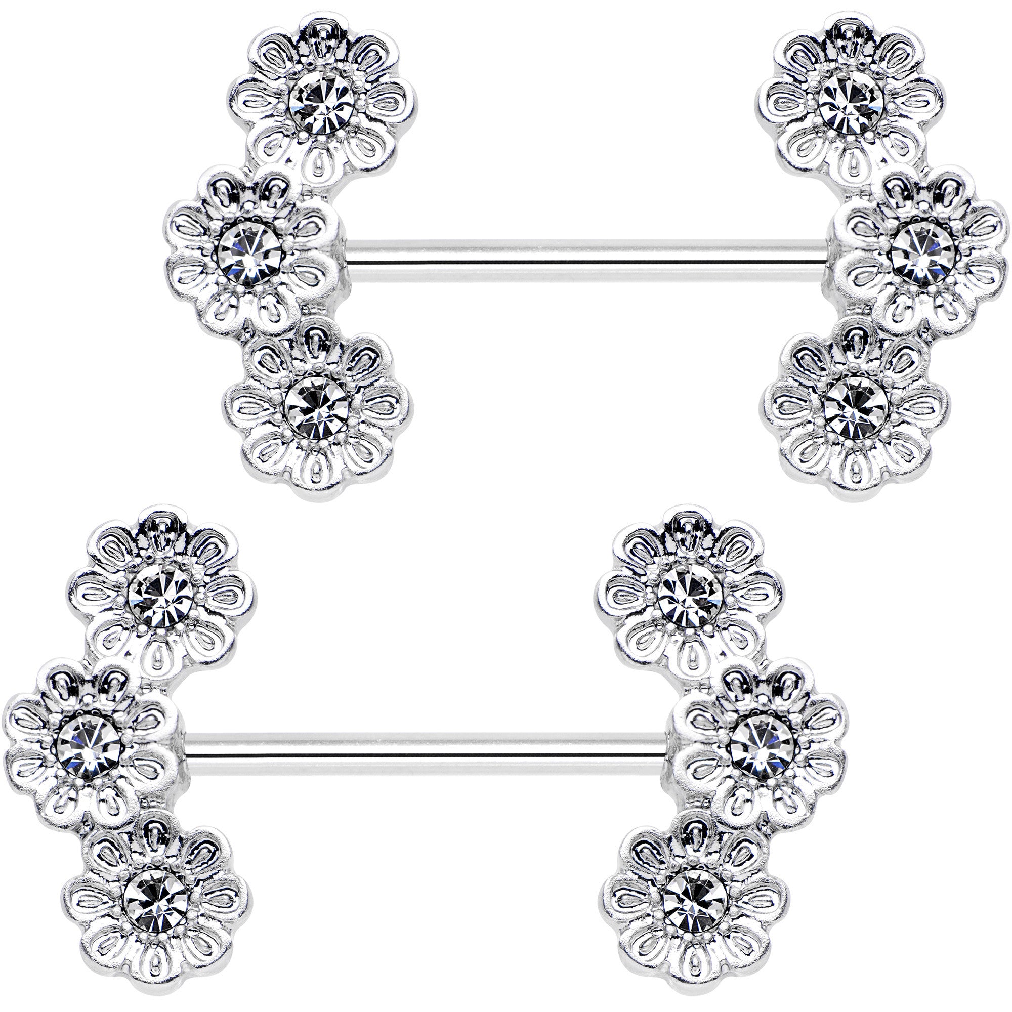 19mm Clear Gem Trio Poppy Flower Barbell Nipple Ring Set