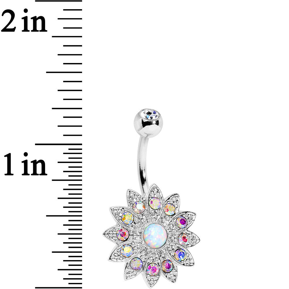 White Faux Opal Aurora Gem Steel Fancy Sparkle Flower Belly Ring