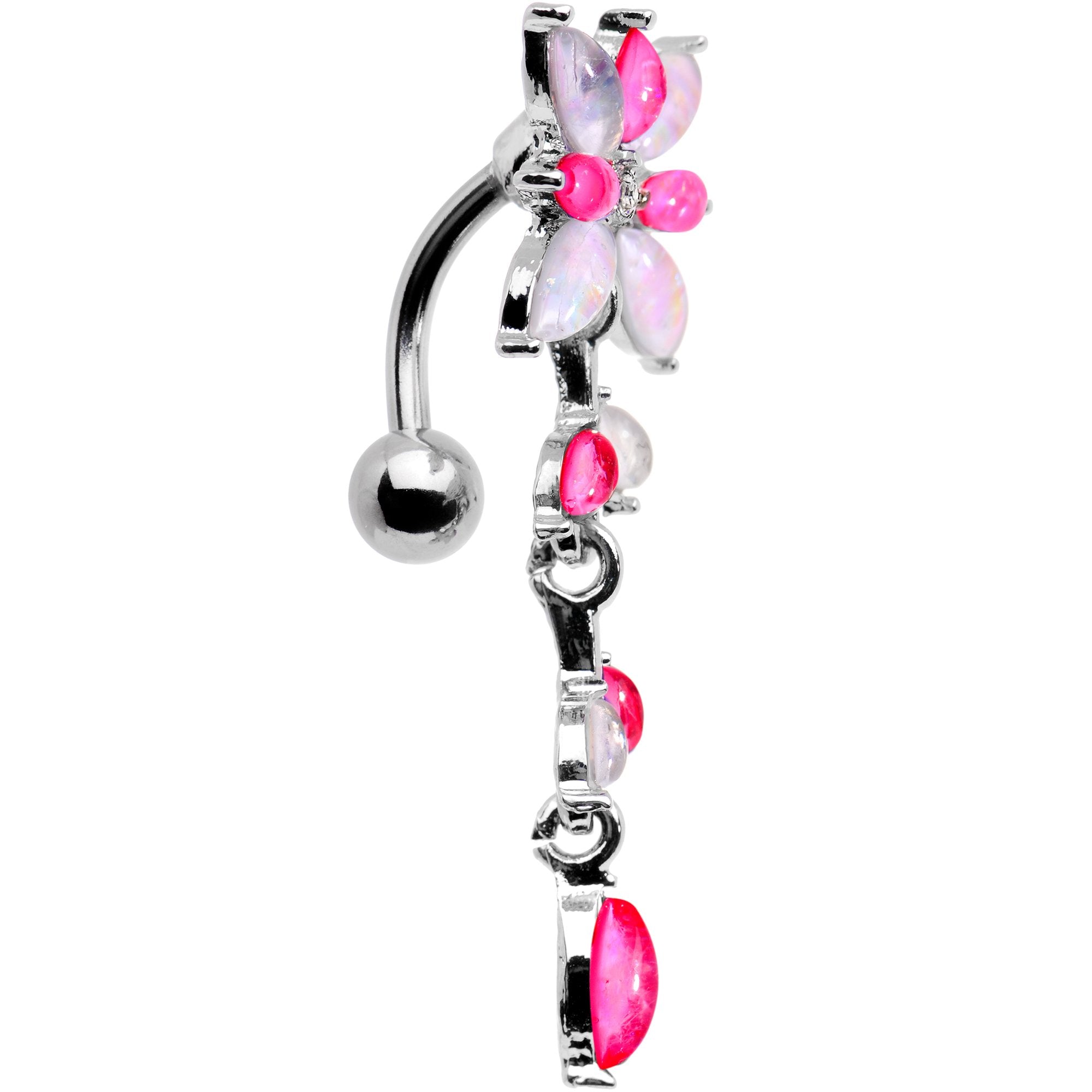 White Pink Gem Frosted Flower Trail Top Mount Dangle Belly Ring