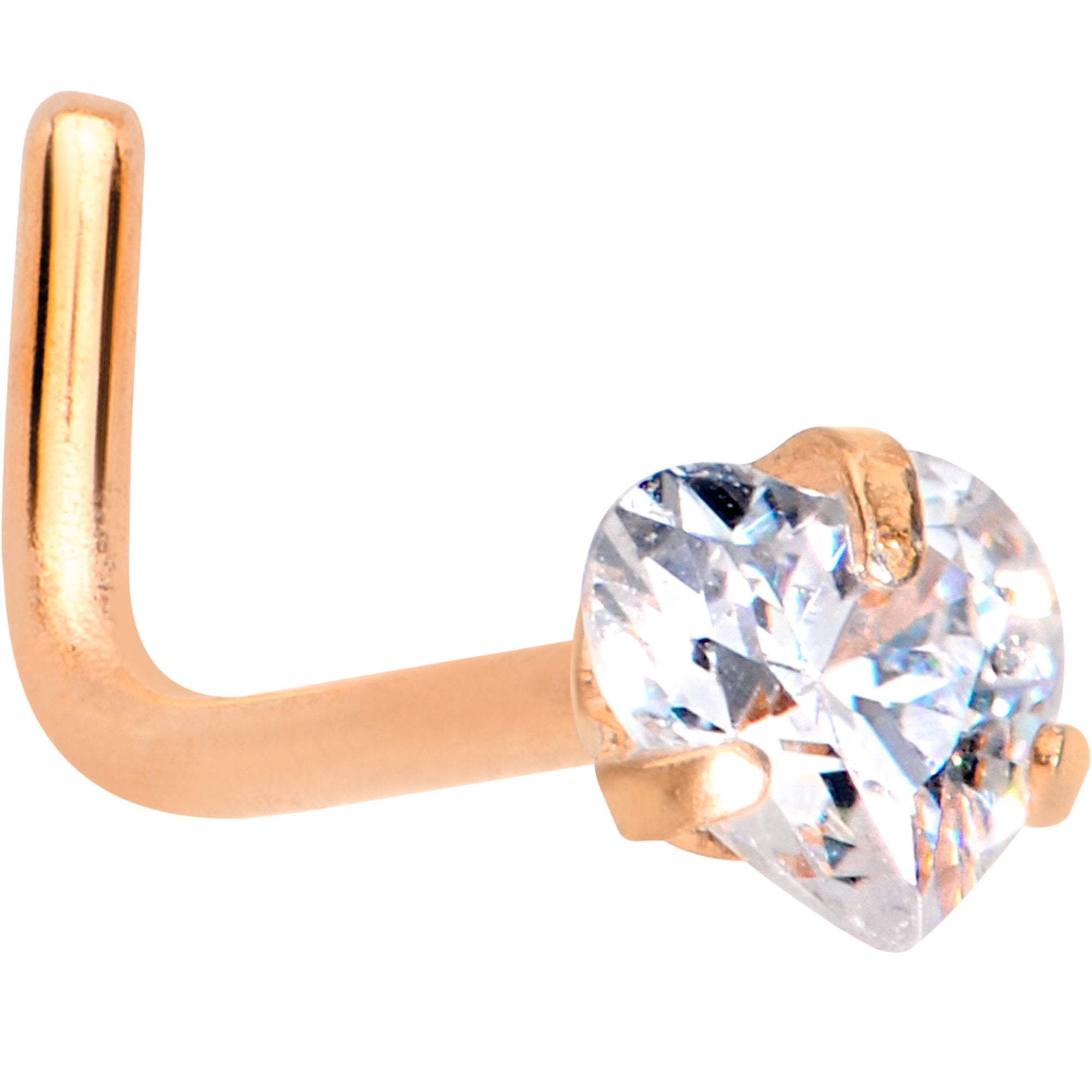 20G 1/4 Clear Heart 3mm CZ Gem Rose Gold IP L-Shape Nose Ring