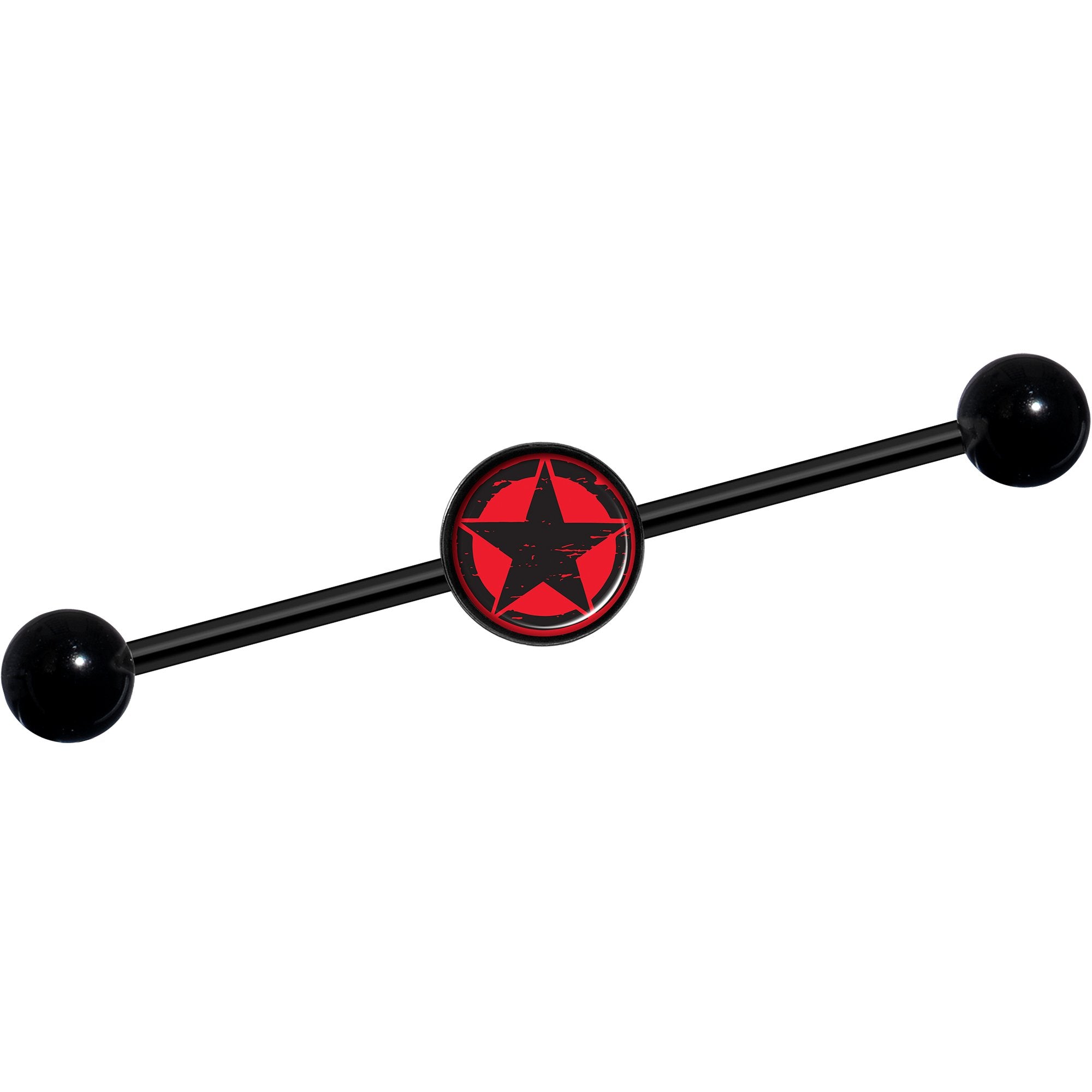 14G Black Red Distressed Star Black Industrial Barbell 37mm