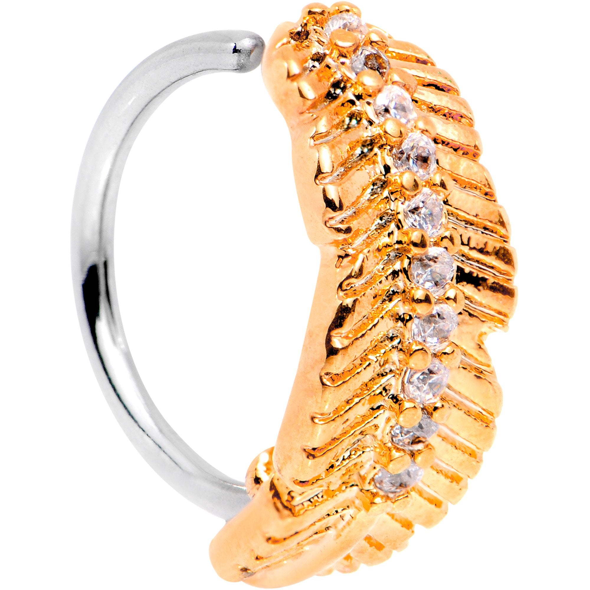 18G Clear CZ Gem Rose Gold Tone Feather Seamless Circular Ring